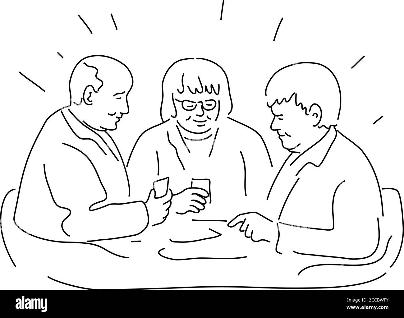 Illustrazione monolinea di un gruppo di anziani o anziani i pazienti in casa di riposo o struttura residenziale giocando carte fatto in bianco e nero monoline st Illustrazione Vettoriale