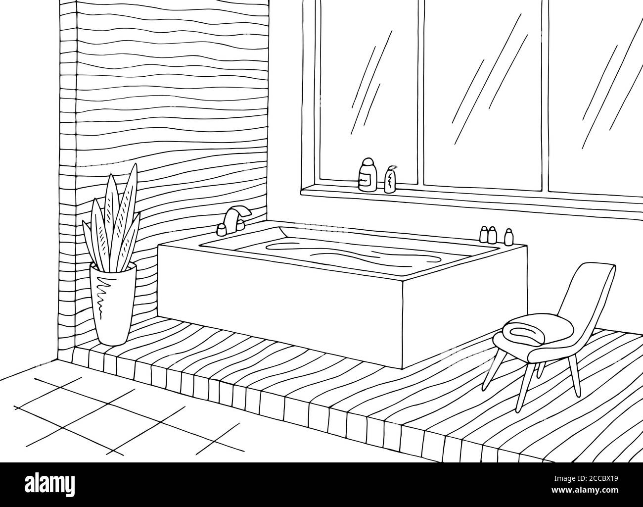 Bagno grafico interno casa nero bianco disegno vettore illustrazione Illustrazione Vettoriale