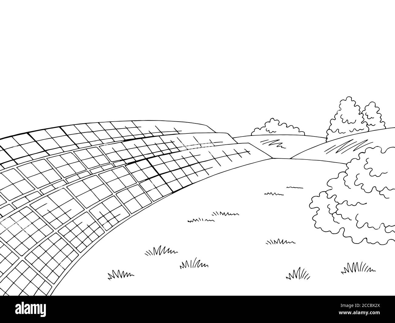 Stazione solare grafico bianco nero disegno grafico paesaggio vettore illustrazione Illustrazione Vettoriale