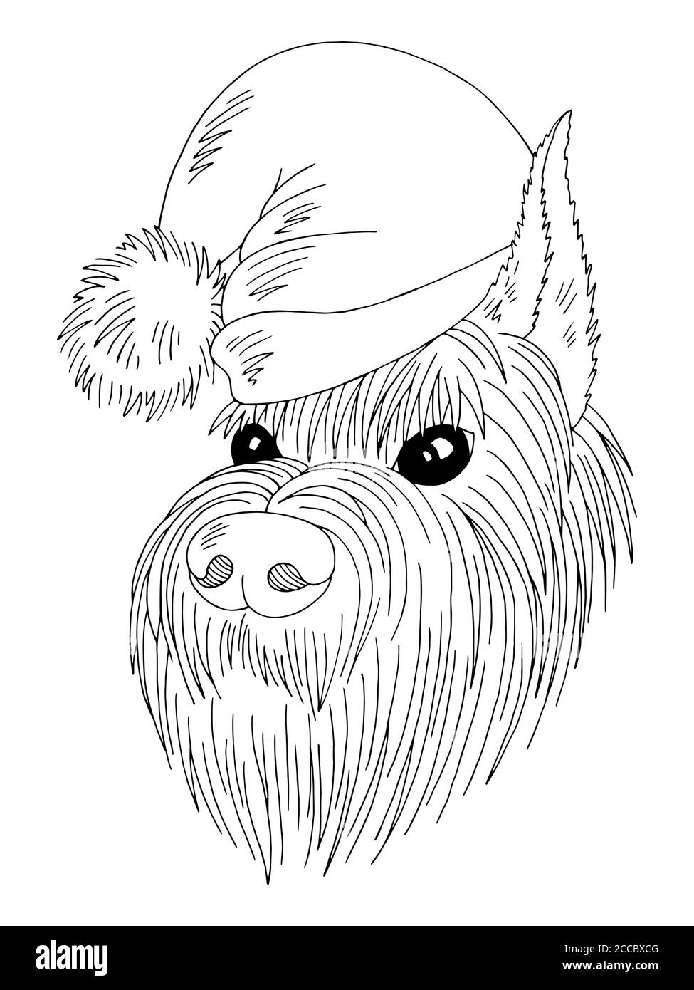 Cane un viso schnauzer in un nuovo anno cappello grafica vettore di illustrazione dello schizzo isolato in bianco nero Illustrazione Vettoriale