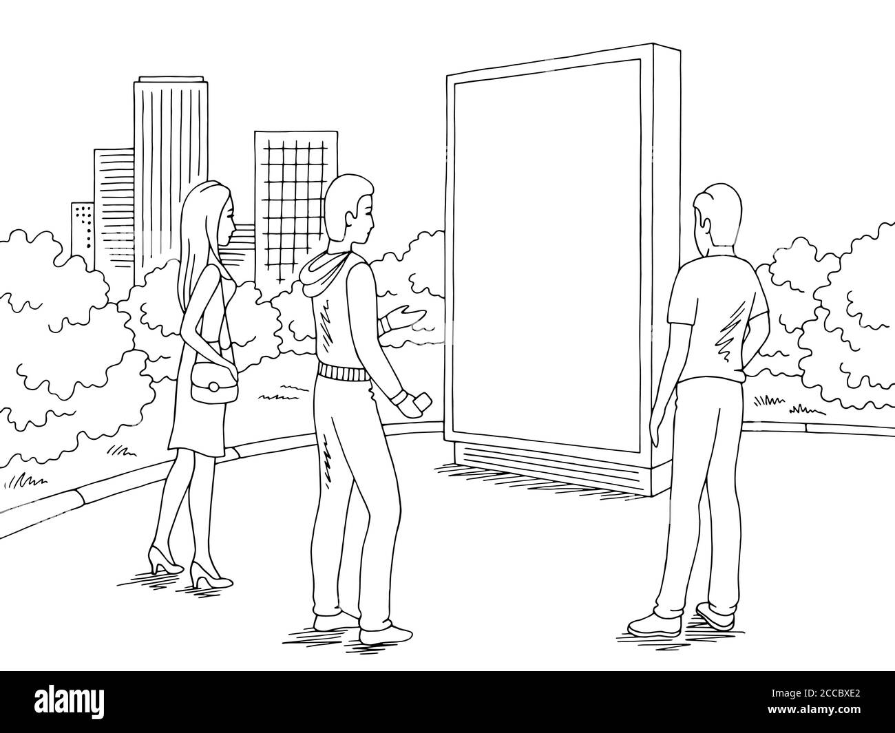 Persone in piedi e guardando cartellone per la strada grafica nero vettore di illustrazione dello schizzo di una città bianca Illustrazione Vettoriale