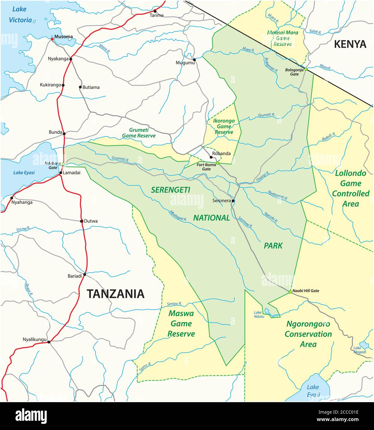 Mappa stradale vettoriale del Parco Nazionale Serengeti in Tanzania Illustrazione Vettoriale