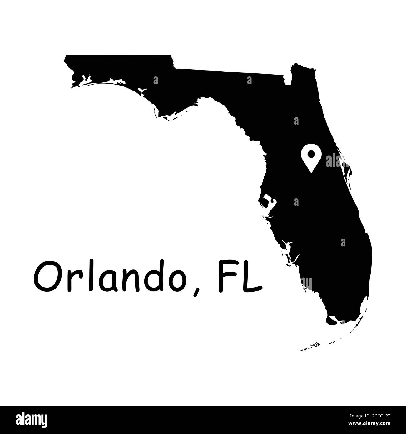 Orlando sulla mappa dello stato della Florida. Mappa dettagliata dello stato della Florida con pin sulla città di Orlando. Mappa vettoriale silhouette nera isolata su sfondo bianco. Illustrazione Vettoriale