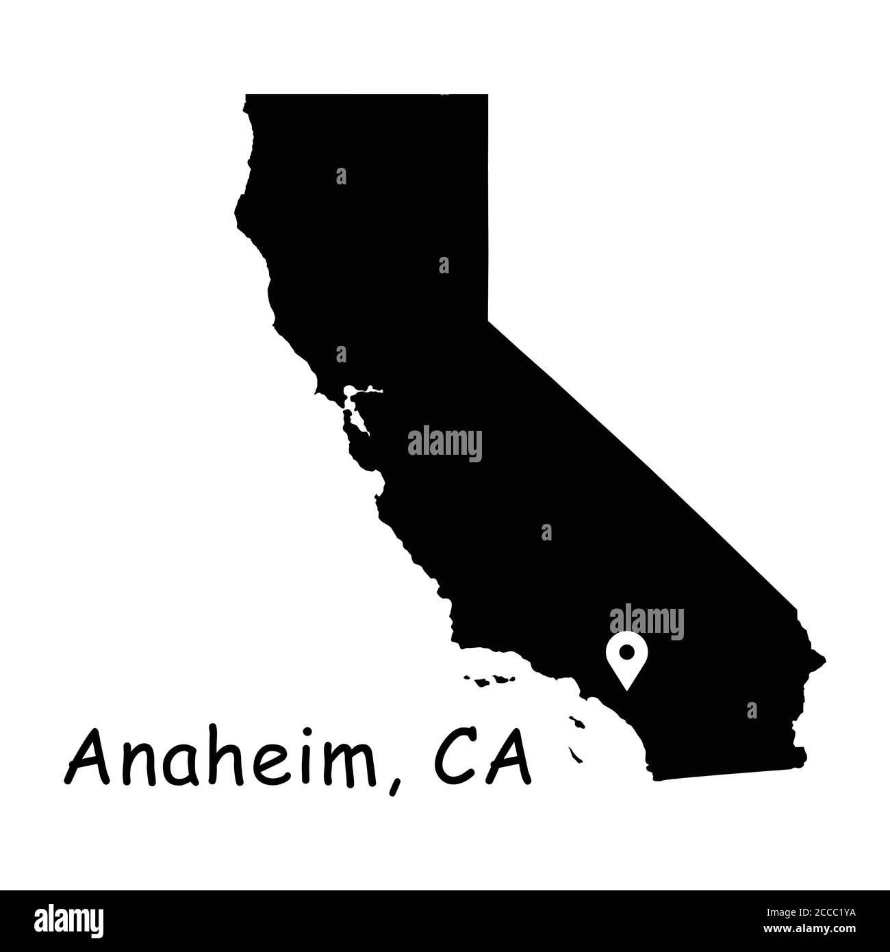 Anaheim sulla California state Map. Mappa dettagliata dello stato della CA con pin sulla città di Anaheim. Mappa vettoriale silhouette nera isolata su sfondo bianco. Illustrazione Vettoriale