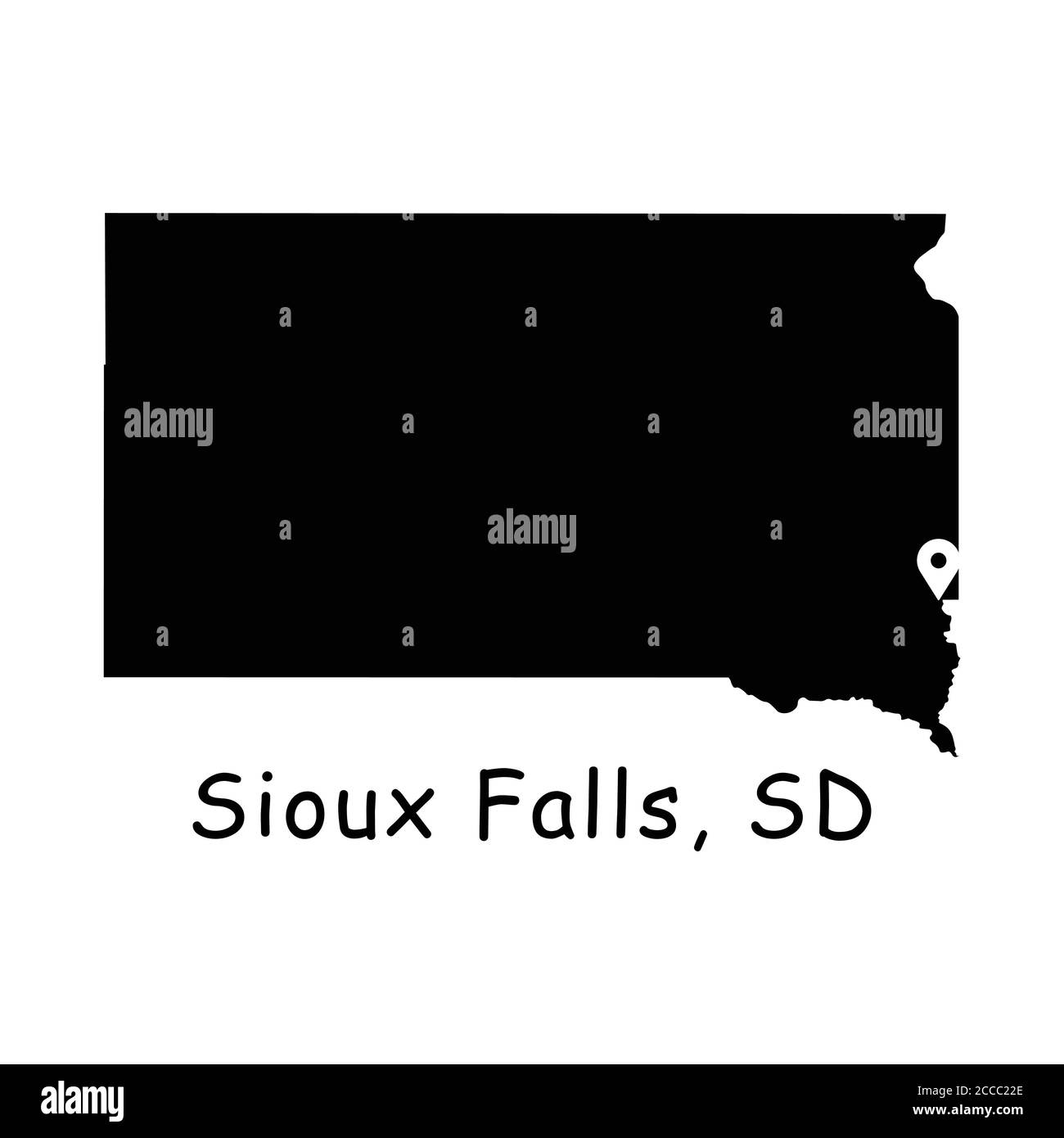 Sioux Falls sulla mappa statale del South Dakota. Mappa dettagliata dello stato di SD con pin sulla città di Sioux Falls. Mappa vettoriale silhouette nera isolata sulla parte posteriore bianca Illustrazione Vettoriale