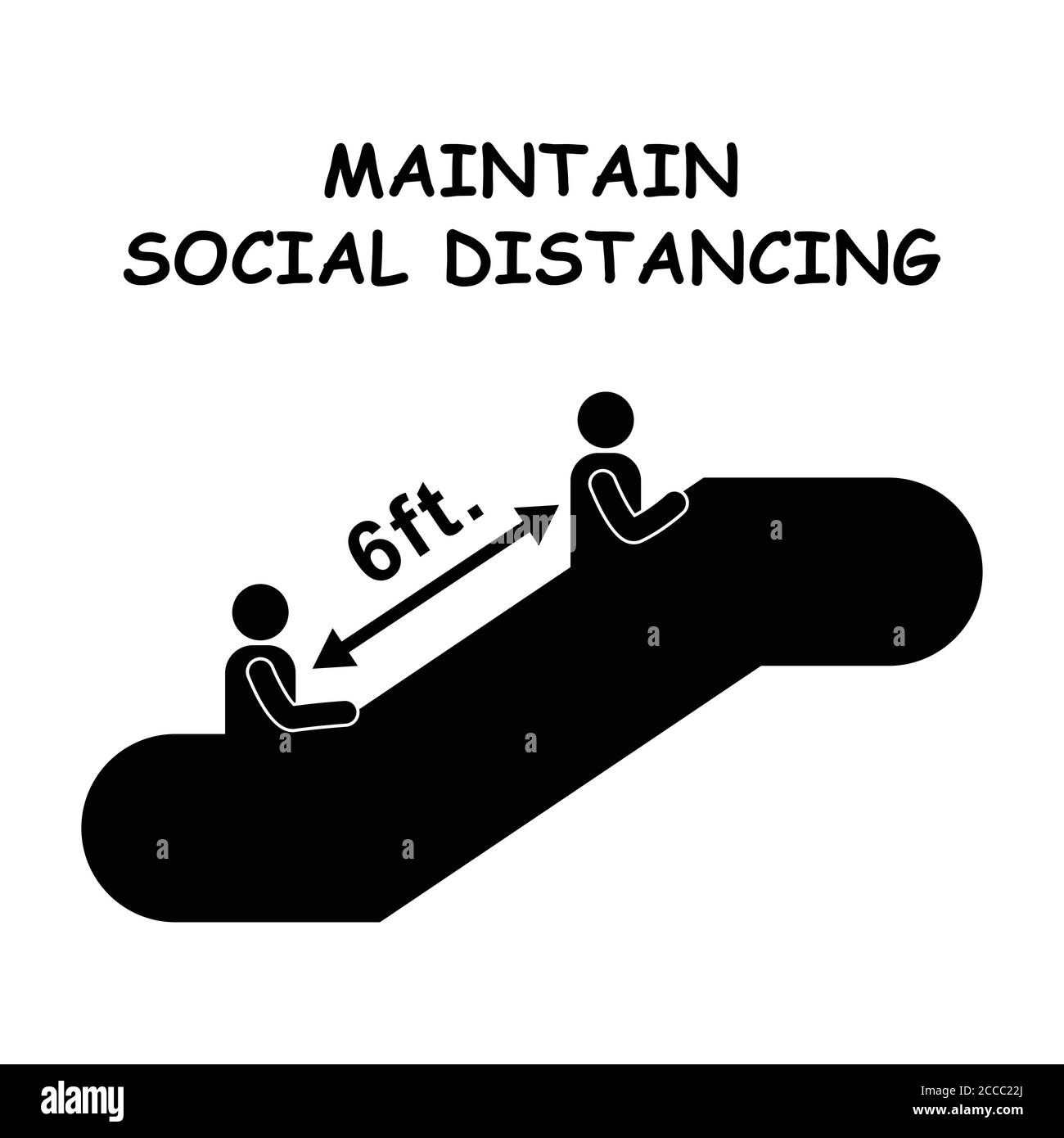 Mantenere Social Distancing scale Escalator 6 piedi sei piedi di distanza pittogramma Segno durante l'epidemia di virus pandemico Illustrazione Vettoriale