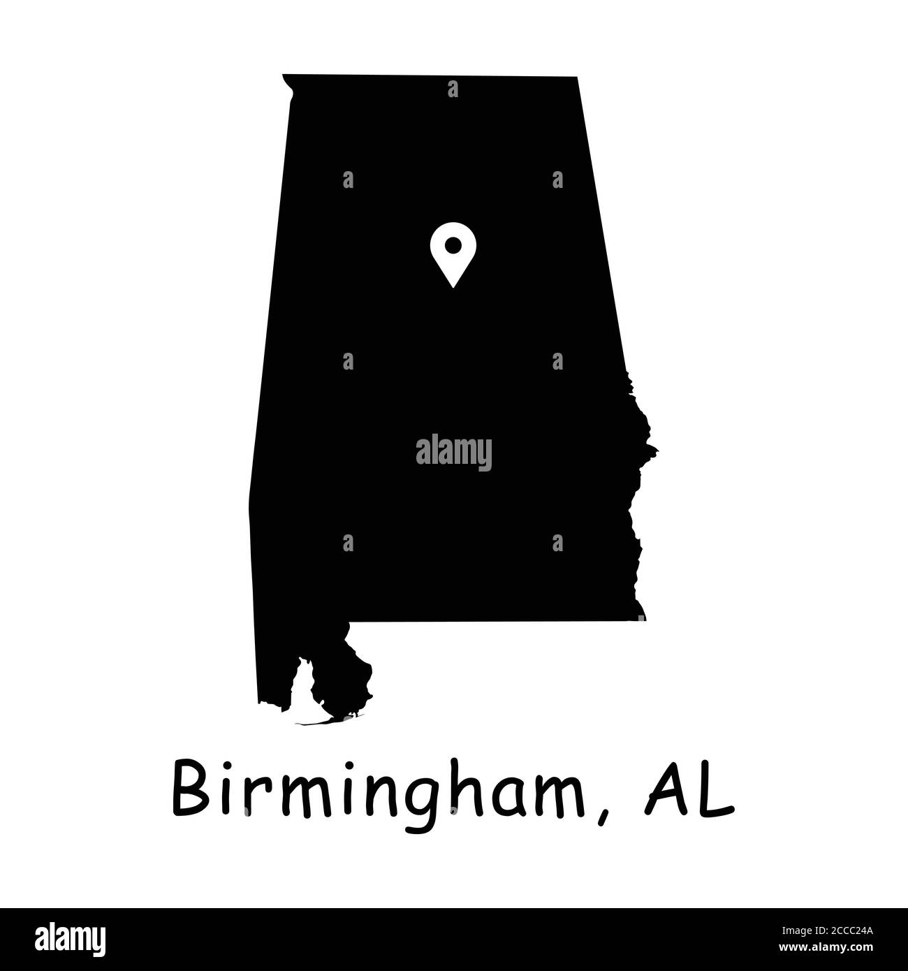 Birmingham sulla mappa statale dell'Alabama. Mappa dettagliata dello stato di al con pin sulla città di Birmingham. Mappa vettoriale silhouette nera isolata su sfondo bianco. Illustrazione Vettoriale