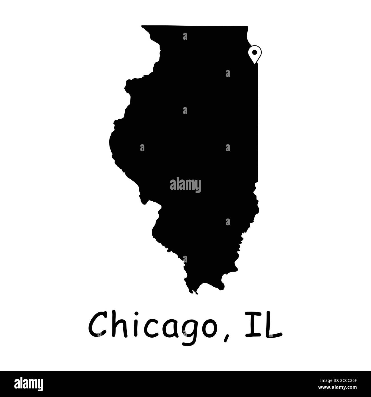 Chicago sulla mappa dello stato dell'Illinois. Mappa dettagliata dello stato del Illinois con pin sulla città di Chicago. Mappa vettoriale silhouette nera isolata su sfondo bianco. Illustrazione Vettoriale