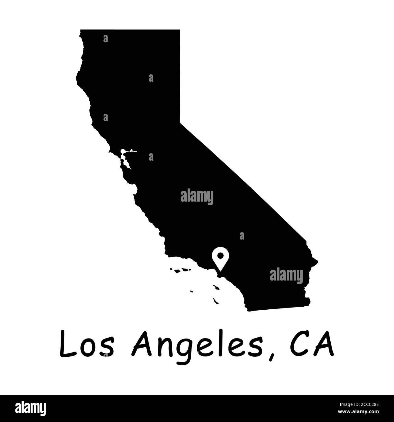 Los Angeles sulla mappa dello stato della California. Mappa dettagliata dello stato della CA con pin sulla città DI LA. Mappa vettoriale L.A. silhouette nere isolata su sfondo bianco Illustrazione Vettoriale
