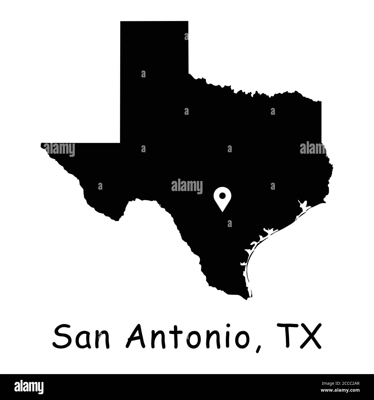 San Antonio sulla mappa statale del Texas. Mappa dettagliata dello stato TX con pin sulla città di San Antonio. Mappa vettoriale silhouette nera isolata su sfondo bianco. Illustrazione Vettoriale