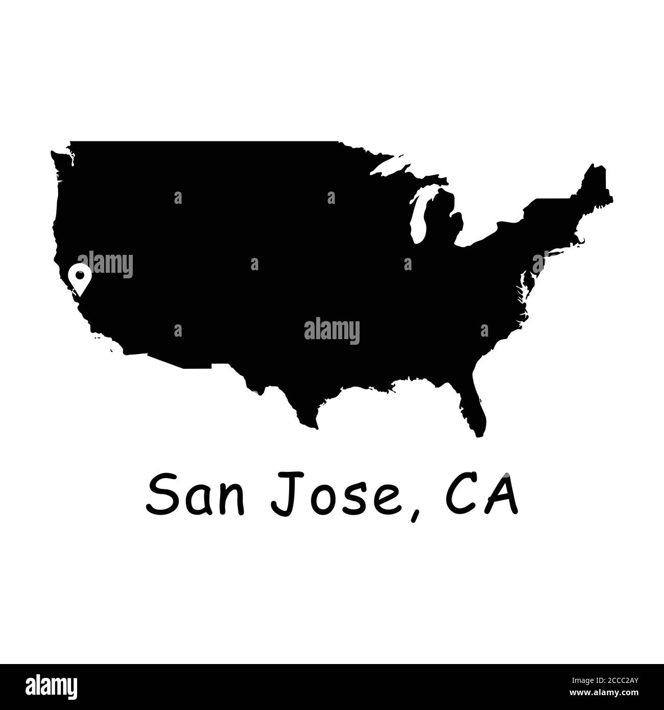 San Jose City California sulla mappa degli Stati Uniti. Mappa dettagliata dei Paesi dell'America con il pin della posizione su San Jose CA. Mappe vettoriali di silhouette nere isolate su bac bianco Illustrazione Vettoriale