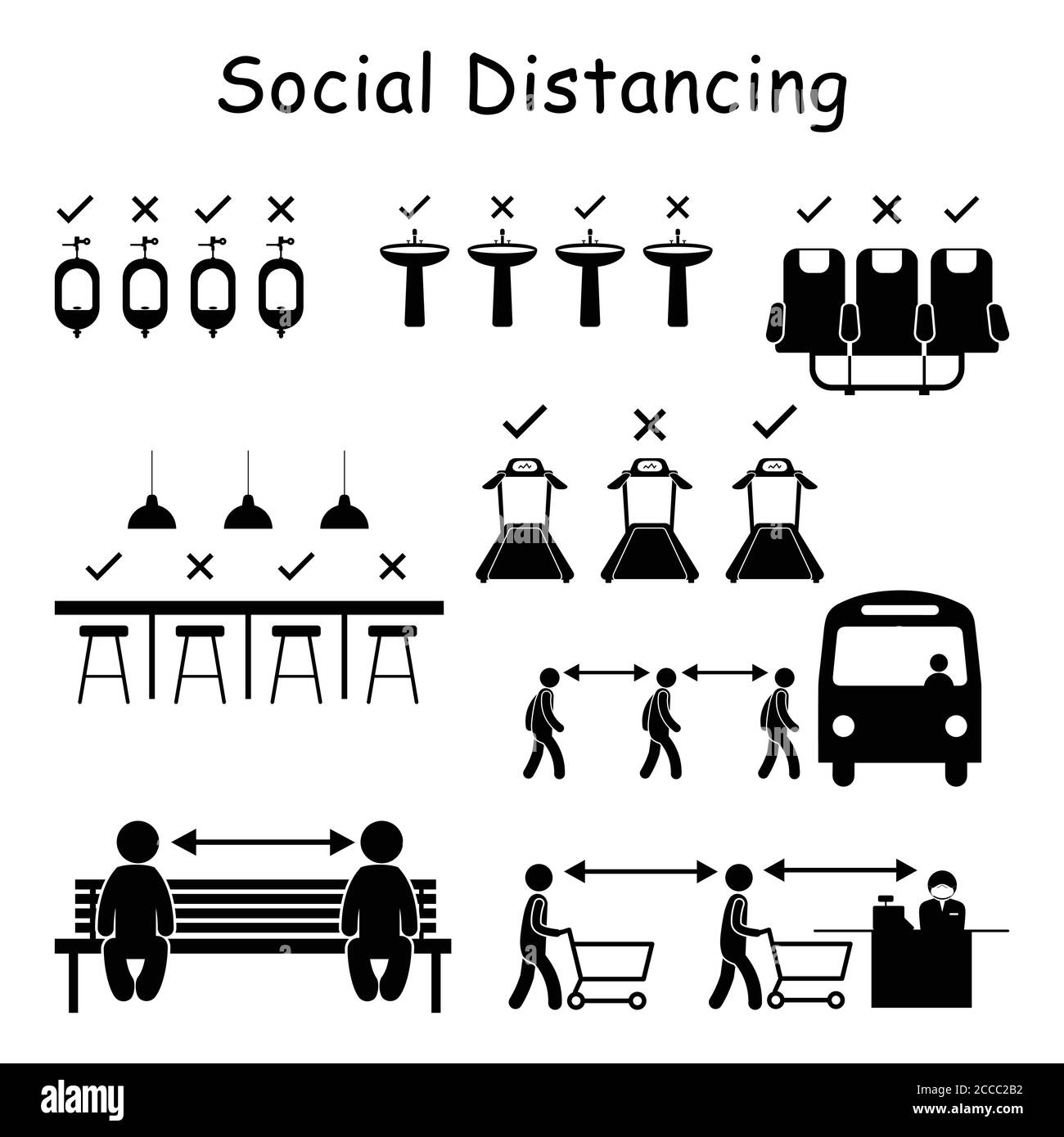 Segni di allontanamento sociale negli spazi pubblici. Pittogramma vettoriale raffigurante i segni di pratica di distanza sociale per lavelli di mani di urina sedili di aeroplano barra D Illustrazione Vettoriale