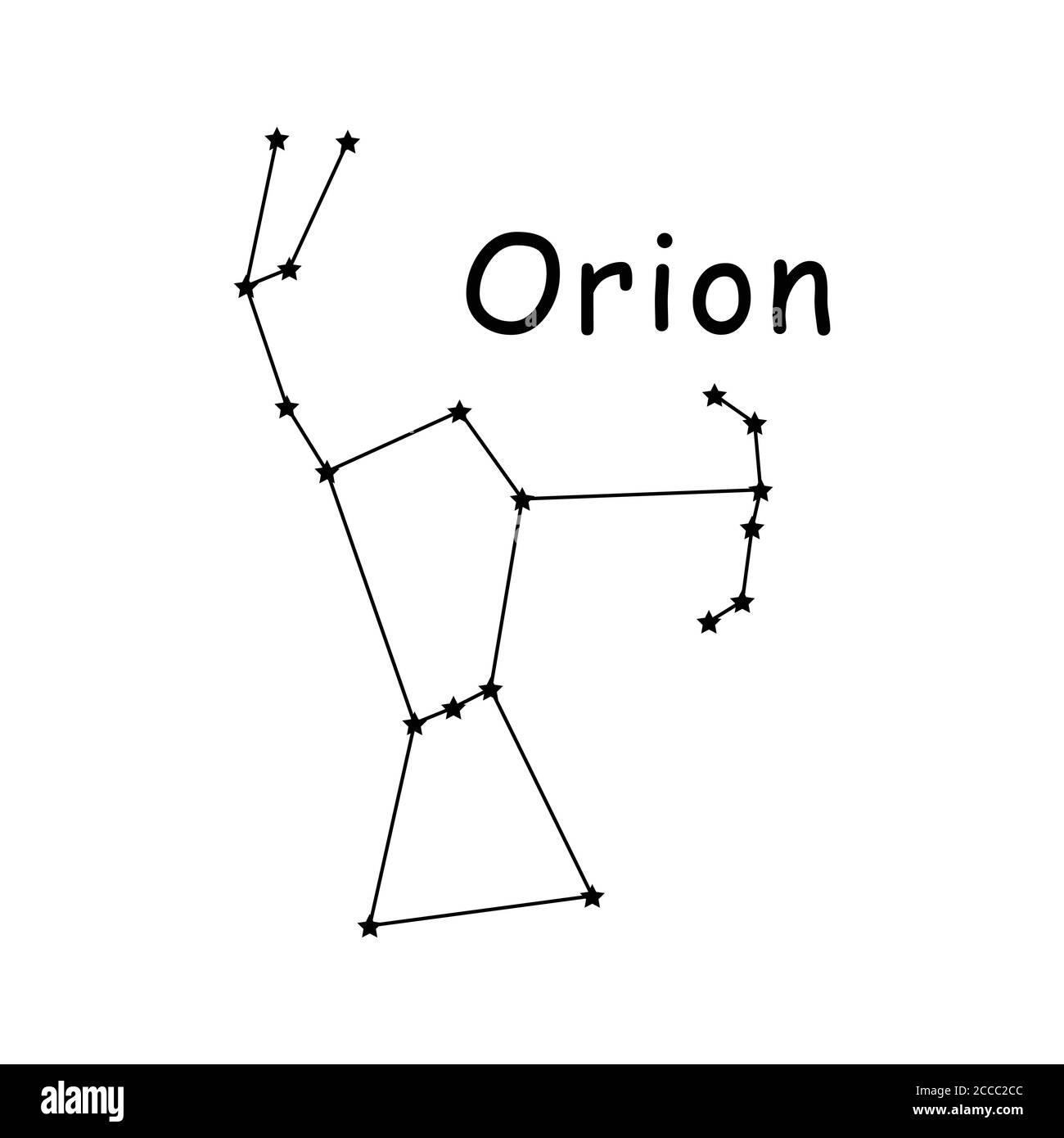 Orion Constellation Stars icona vettore pittogramma con Descrizione testo. Illustrazione raffigurante la mitologia greca della costellazione orionese. Illustrazione Vettoriale