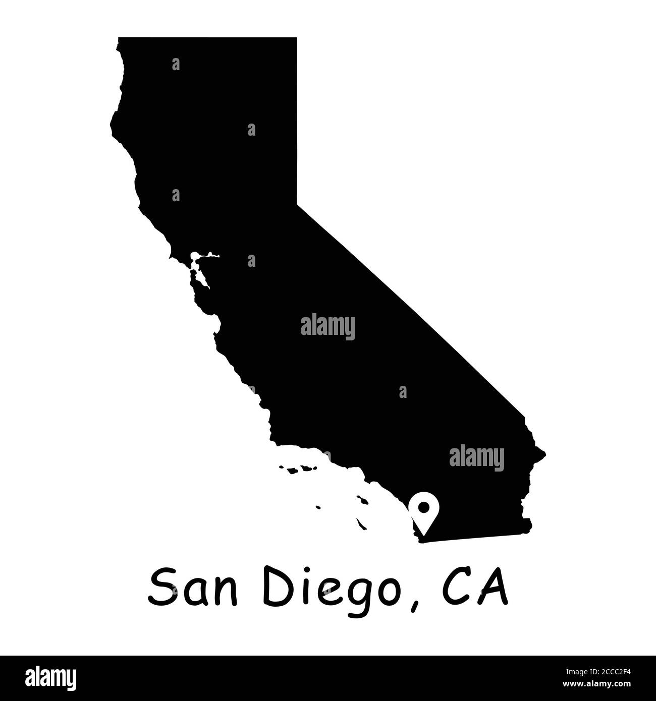 San Diego sulla California state Map. Mappa dettagliata dello stato della CA con pin sulla città di San Diego. Mappa vettoriale silhouette nera isolata su sfondo bianco Illustrazione Vettoriale