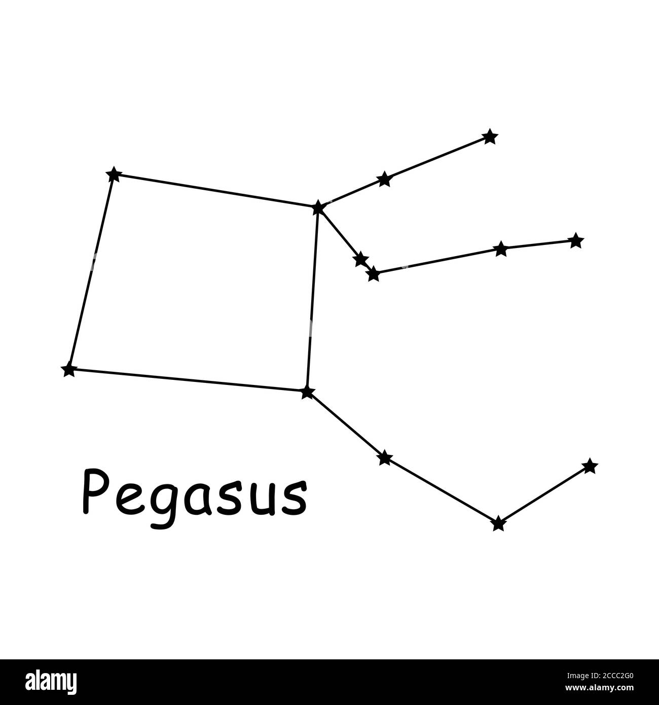 Pegasus Constellation Stars vettore icona pittogramma con Descrizione testo. Illustrazione raffigurante la mitologia greca Pegasus Constellation in the Night Sky Illustrazione Vettoriale