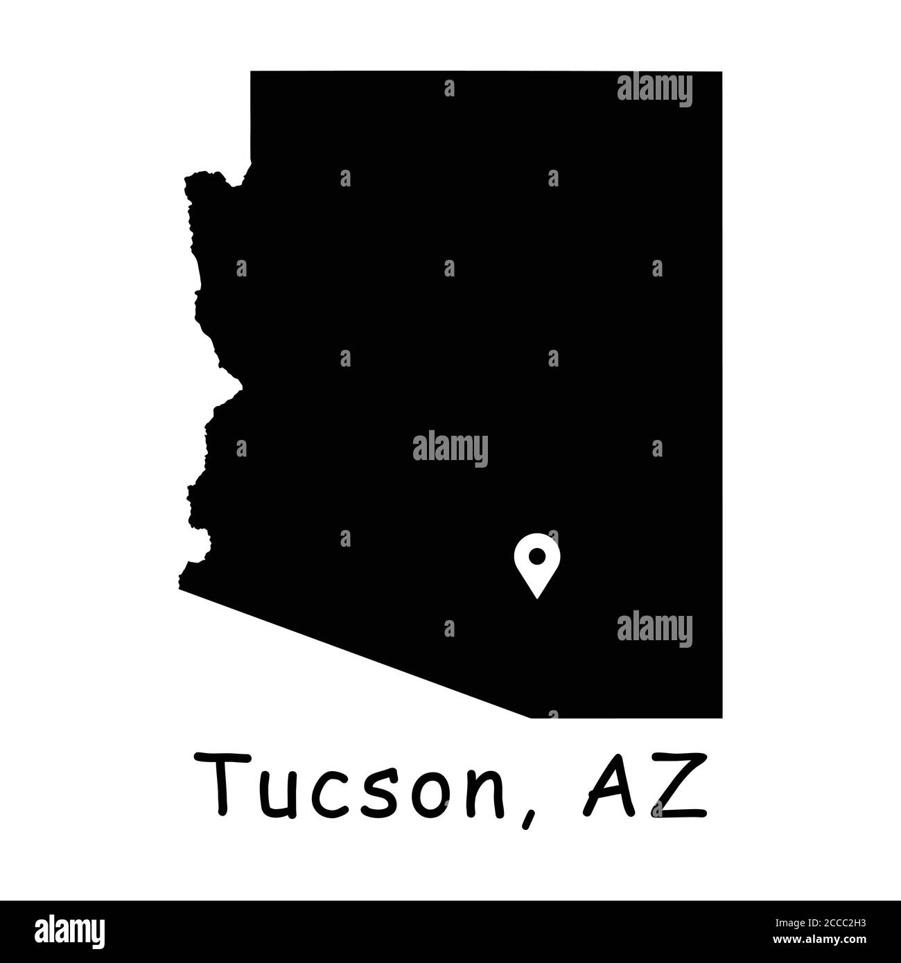 Tucson sulla mappa dello stato dell'Arizona. Mappa dettagliata dello stato dell'Arizona con segnaposto sulla città di Tucson. Mappa vettoriale silhouette nera isolata su sfondo bianco. Illustrazione Vettoriale