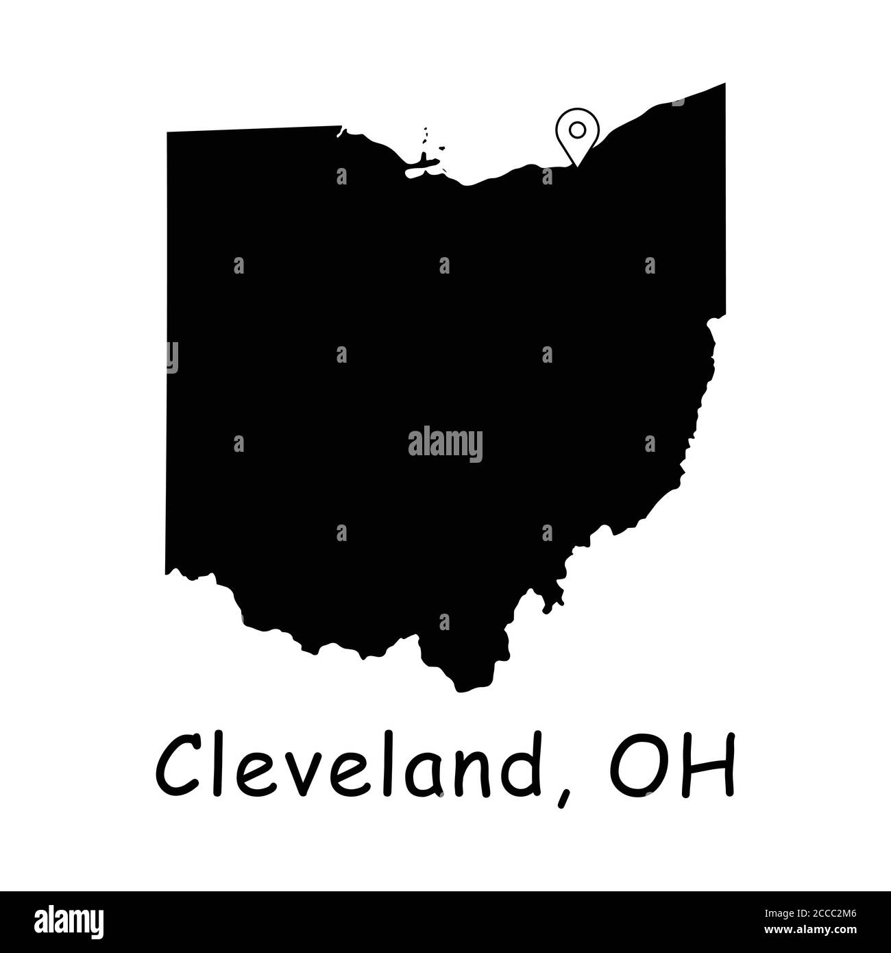 Cleveland sulla Ohio state Map. Mappa dettagliata dello stato dell'OH con pin sulla città di Cleveland. Mappa vettoriale silhouette nera isolata su sfondo bianco. Illustrazione Vettoriale
