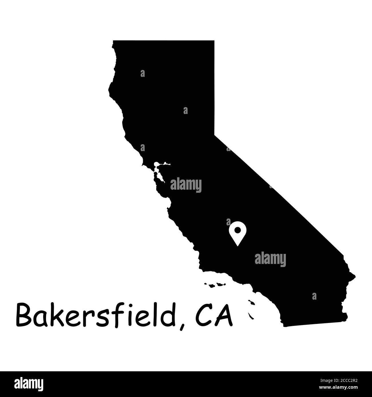 Bakersfield sulla mappa dello stato della California. Mappa dettagliata dello stato della CA con pin posizione su Bakersfield City. Mappa vettoriale silhouette nera isolata su sfondo bianco Illustrazione Vettoriale