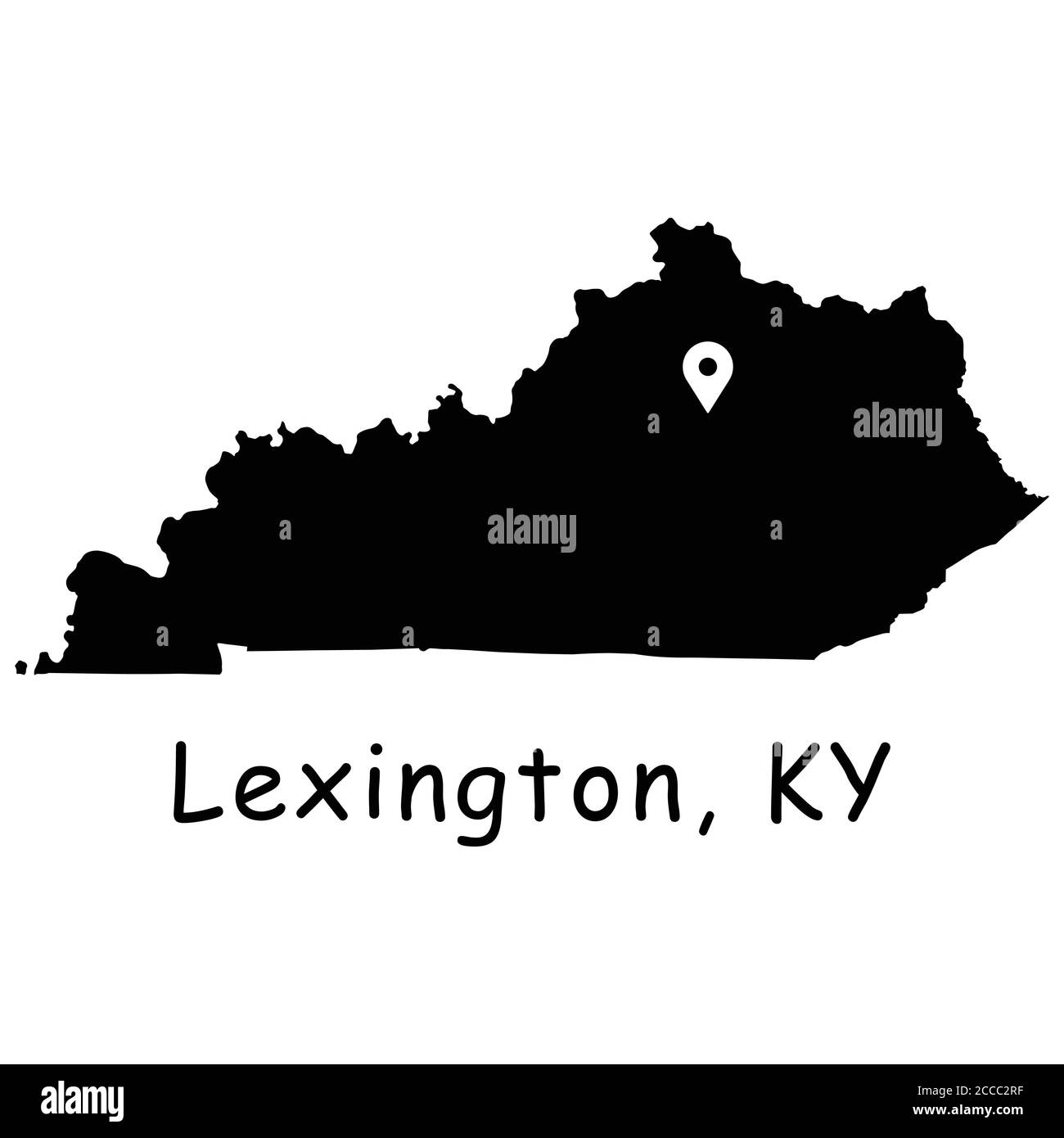 Lexington sulla Kentucky state Map. Mappa dettagliata dello stato KY con pin sulla città di Lexington. Mappa vettoriale silhouette nera isolata su sfondo bianco. Illustrazione Vettoriale