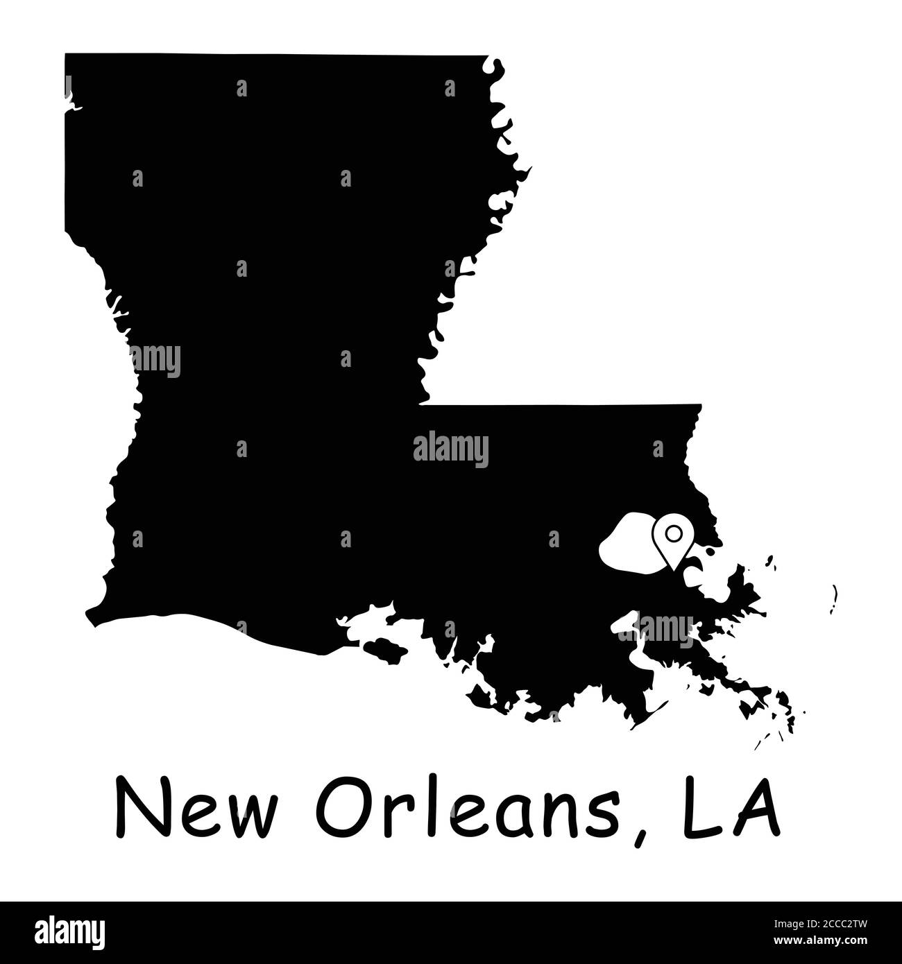 New Orleans sulla Louisiana state Map. Mappa dettagliata DELLO stato DI LA con segnaposto sulla città di New Orleans. Mappa vettoriale silhouette nera isolata su sfondo bianco Illustrazione Vettoriale