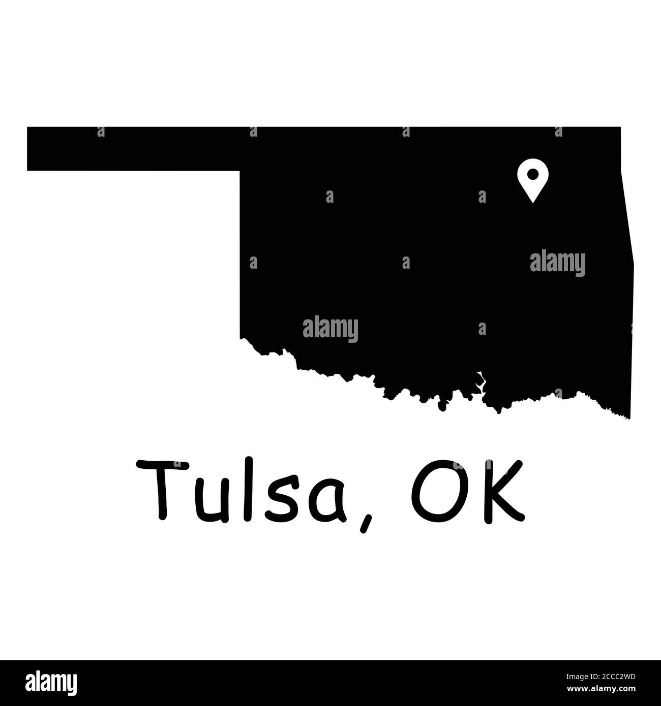 Tulsa sulla Oklahoma state Map. Mappa dettagliata dello stato di OK con pin di posizione sulla città di Tulsa. Mappa vettoriale silhouette nera isolata su sfondo bianco. Illustrazione Vettoriale