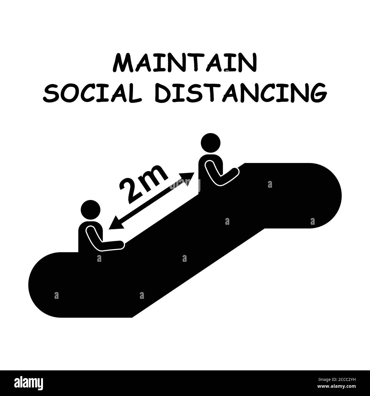 Mantenere Social Distancing scale Escalator 2m due metri pittogramma di distanza Segno durante l'epidemia di virus pandemico Illustrazione Vettoriale
