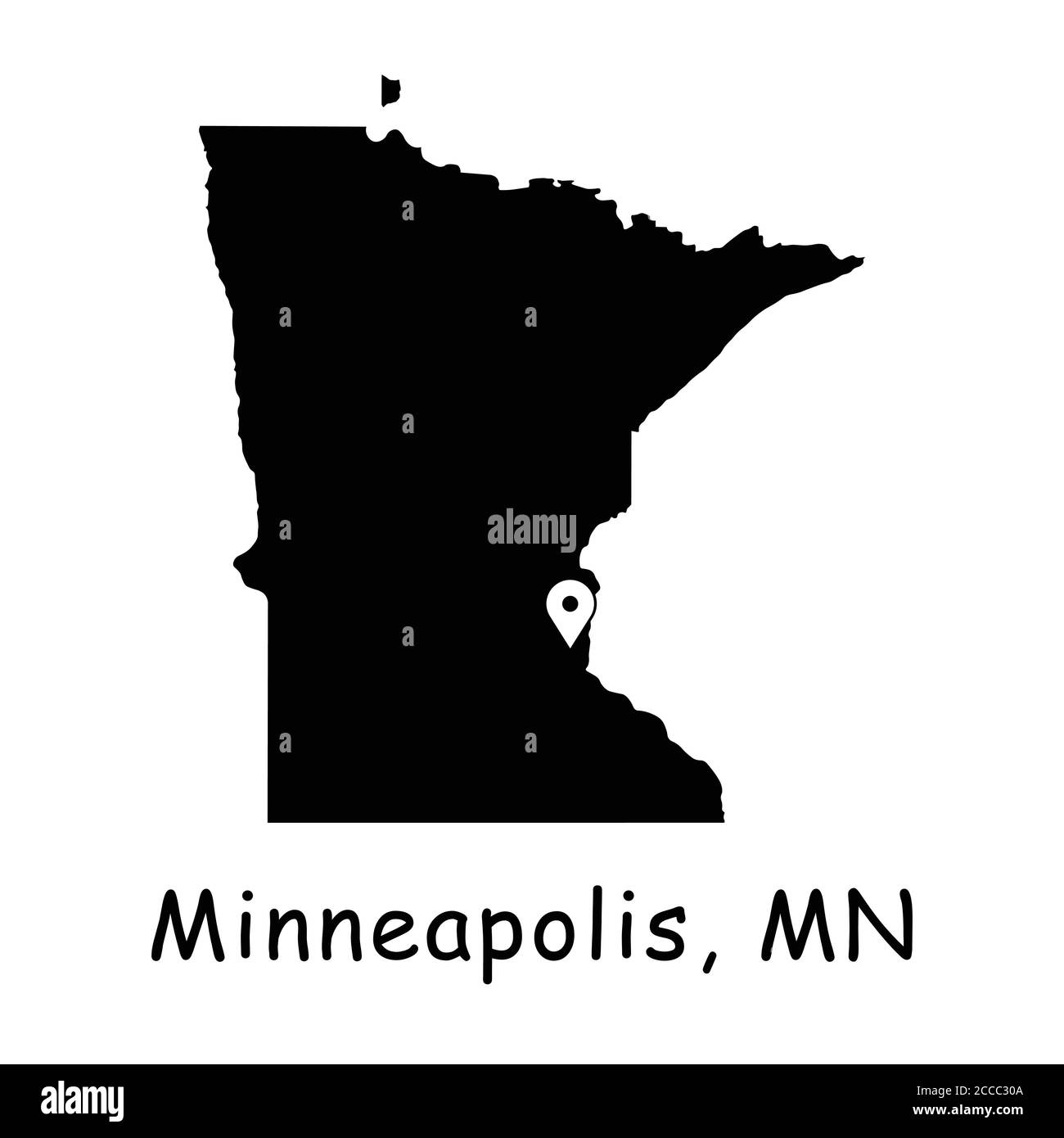 Minneapolis sulla Minnesota state Map. Mappa dettagliata dello stato del Minnesota con pin sulla città di Minneapolis. Mappa vettoriale silhouette nera isolata su sfondo bianco Illustrazione Vettoriale