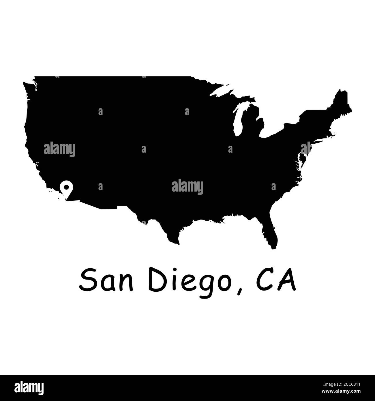 San Diego California City sulla mappa degli Stati Uniti. Mappa dettagliata dei Paesi dell'America con pin sulla posizione di San Diego CA. Mappe vettoriali silhouette nere isolate su bianco b Illustrazione Vettoriale