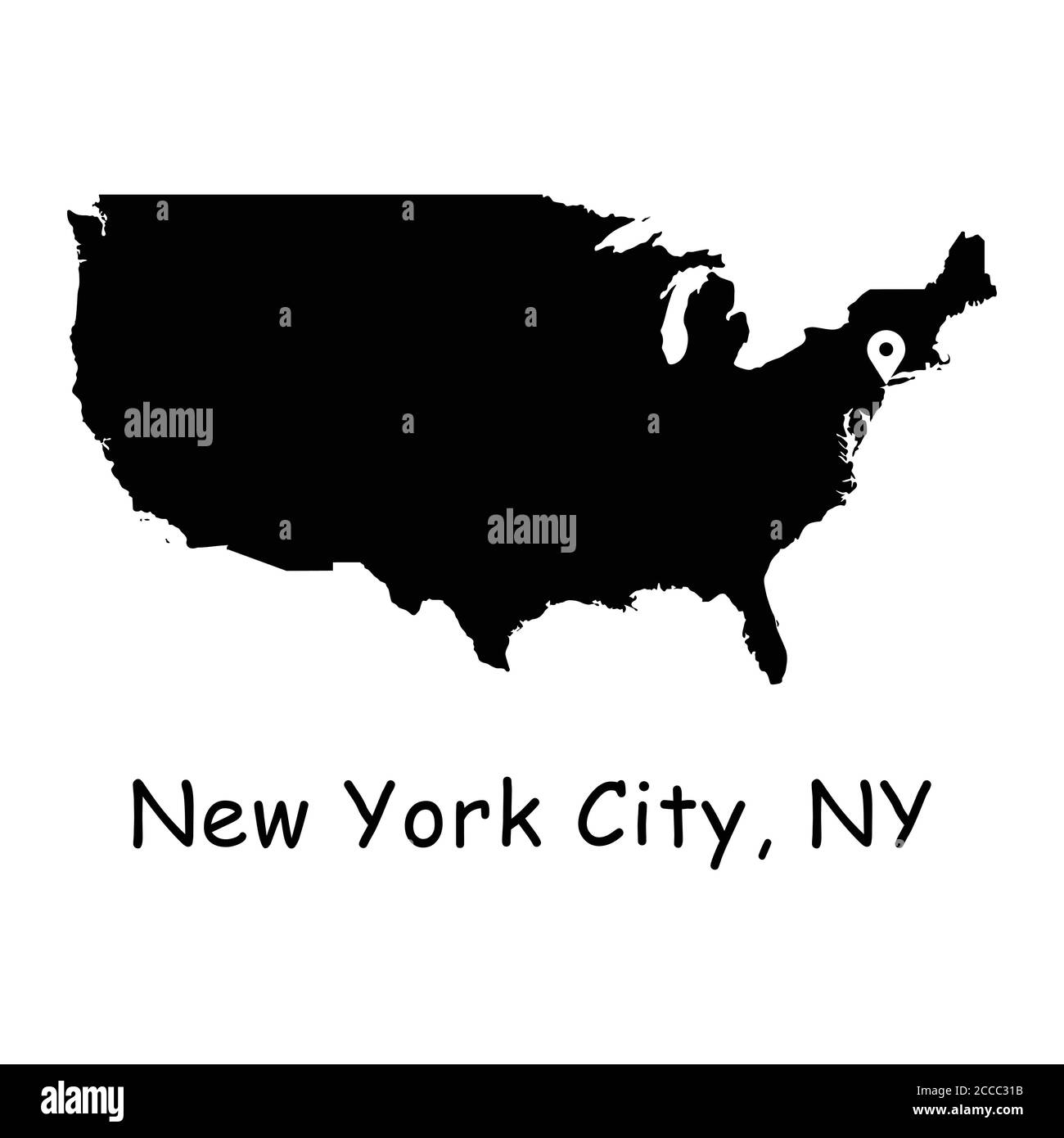 New York City sulla mappa degli Stati Uniti. Mappa dettagliata dei Paesi dell'America con il pin della posizione su NYC. Silhouette nera e mappe vettoriali di contorno isolate su sfondo bianco Illustrazione Vettoriale