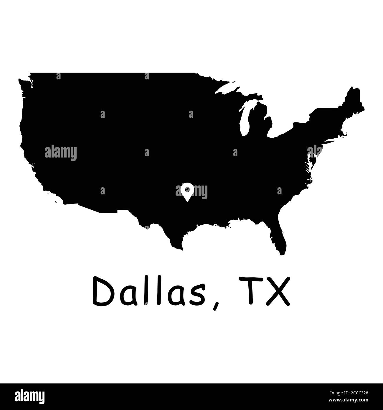 Dallas City Texas sulla mappa degli Stati Uniti. Mappa dettagliata dei Paesi dell'America con pin di posizione su Dallas TX. Mappe vettoriali di silhouette nere isolate su sfondo bianco. Illustrazione Vettoriale