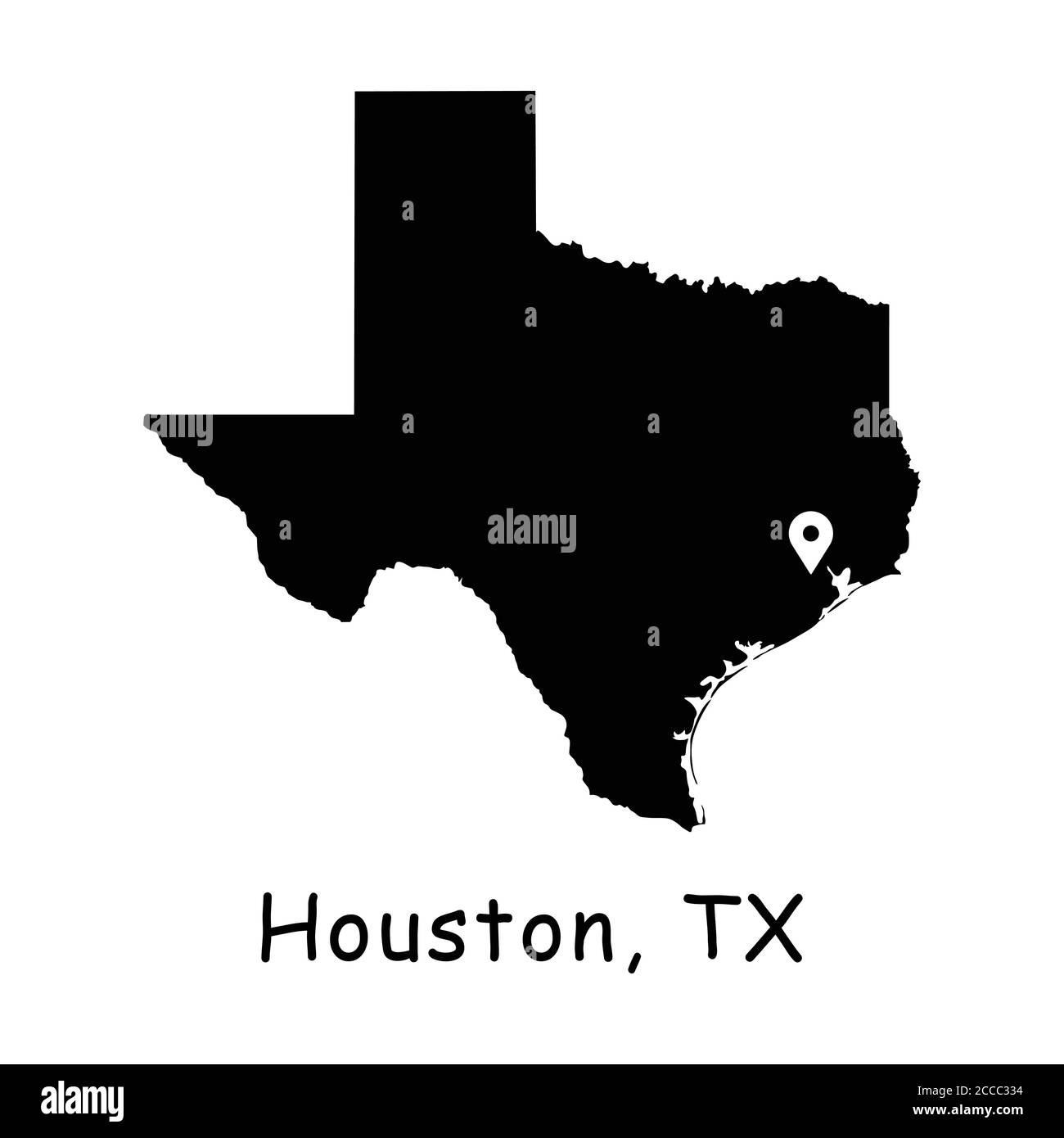 Houston sulla mappa statale del Texas. Mappa dettagliata dello stato TX con pin sulla città di Houston. Mappa vettoriale silhouette nera isolata su sfondo bianco. Illustrazione Vettoriale