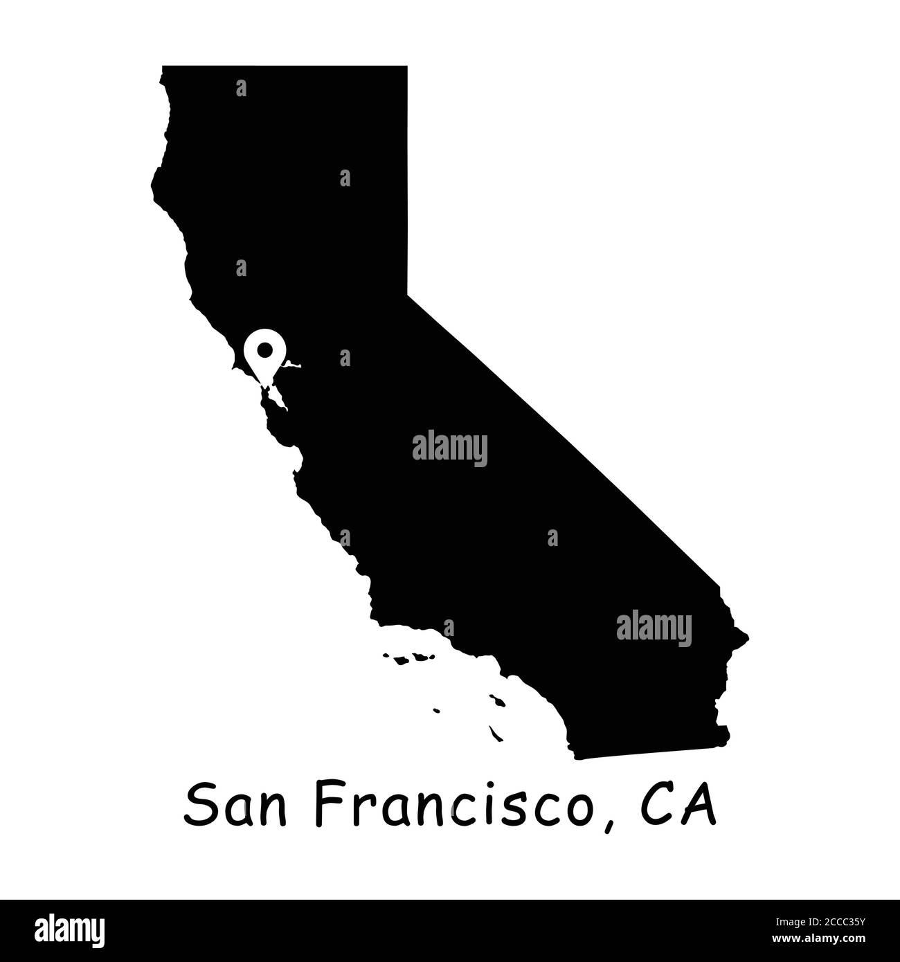 San Francisco sulla mappa dello stato della California. Mappa dettagliata dello stato della CA con pin di posizione sulla città della baia di San Francisco. Mappa vettoriale silhouette nera isolata Illustrazione Vettoriale
