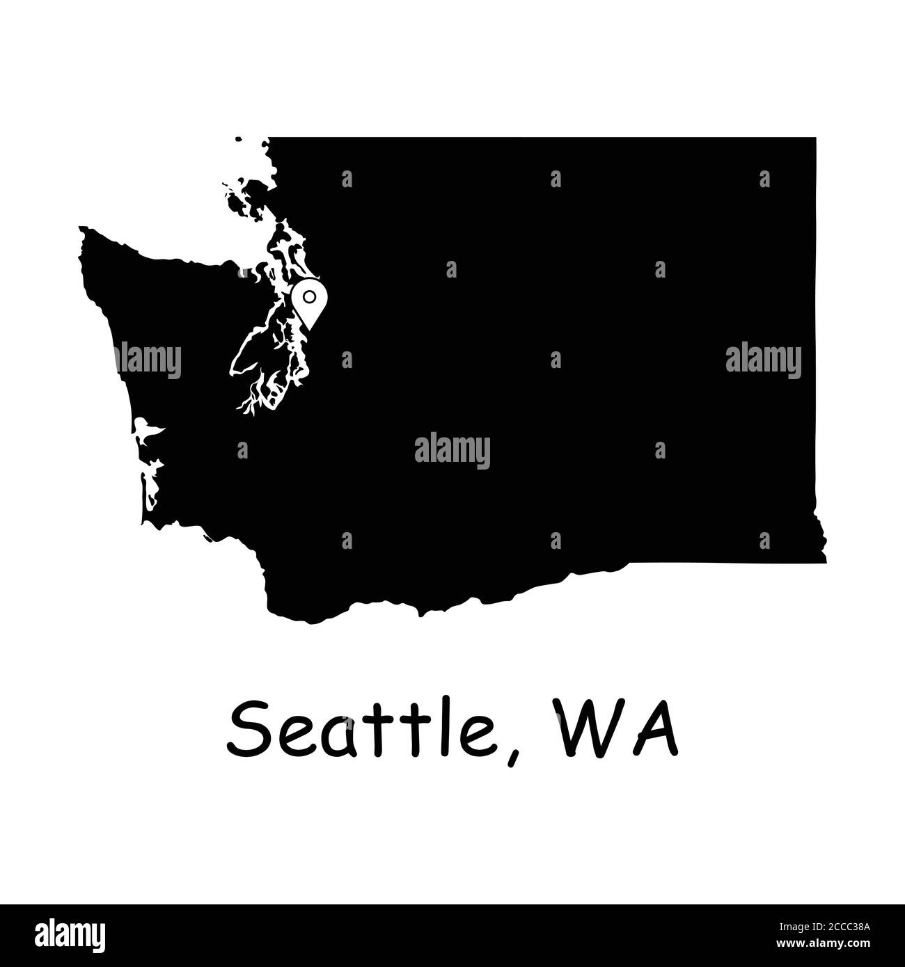 Seattle sulla Washington state Map. Mappa dettagliata dello stato di Washington con pin sulla città di Seattle. Mappa vettoriale silhouette nera isolata su sfondo bianco. Illustrazione Vettoriale