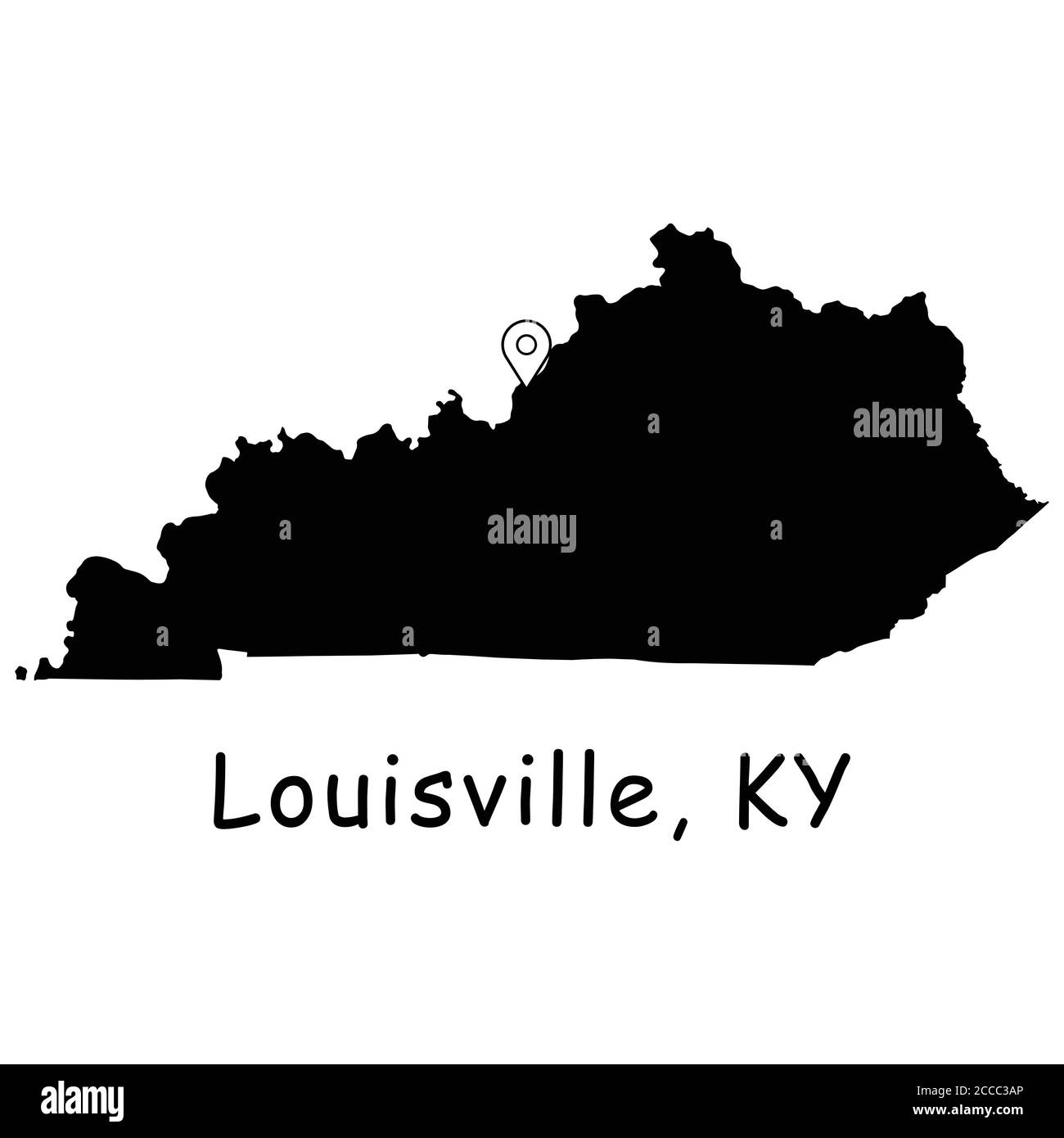 Louisville sulla Kentucky state Map. Mappa dettagliata dello stato del Kentucky con pin di posizione sulla città di Louisville. Mappa vettoriale silhouette nera isolata su sfondo bianco Illustrazione Vettoriale