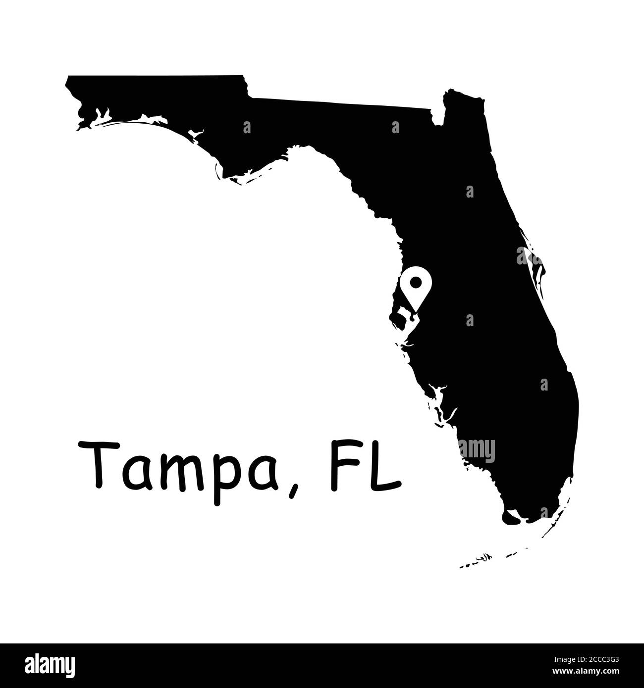 Tampa sulla mappa dello stato della Florida. Mappa dettagliata dello stato della Florida con posizione sulla città di Tampa. Mappa vettoriale silhouette nera isolata su sfondo bianco. Illustrazione Vettoriale