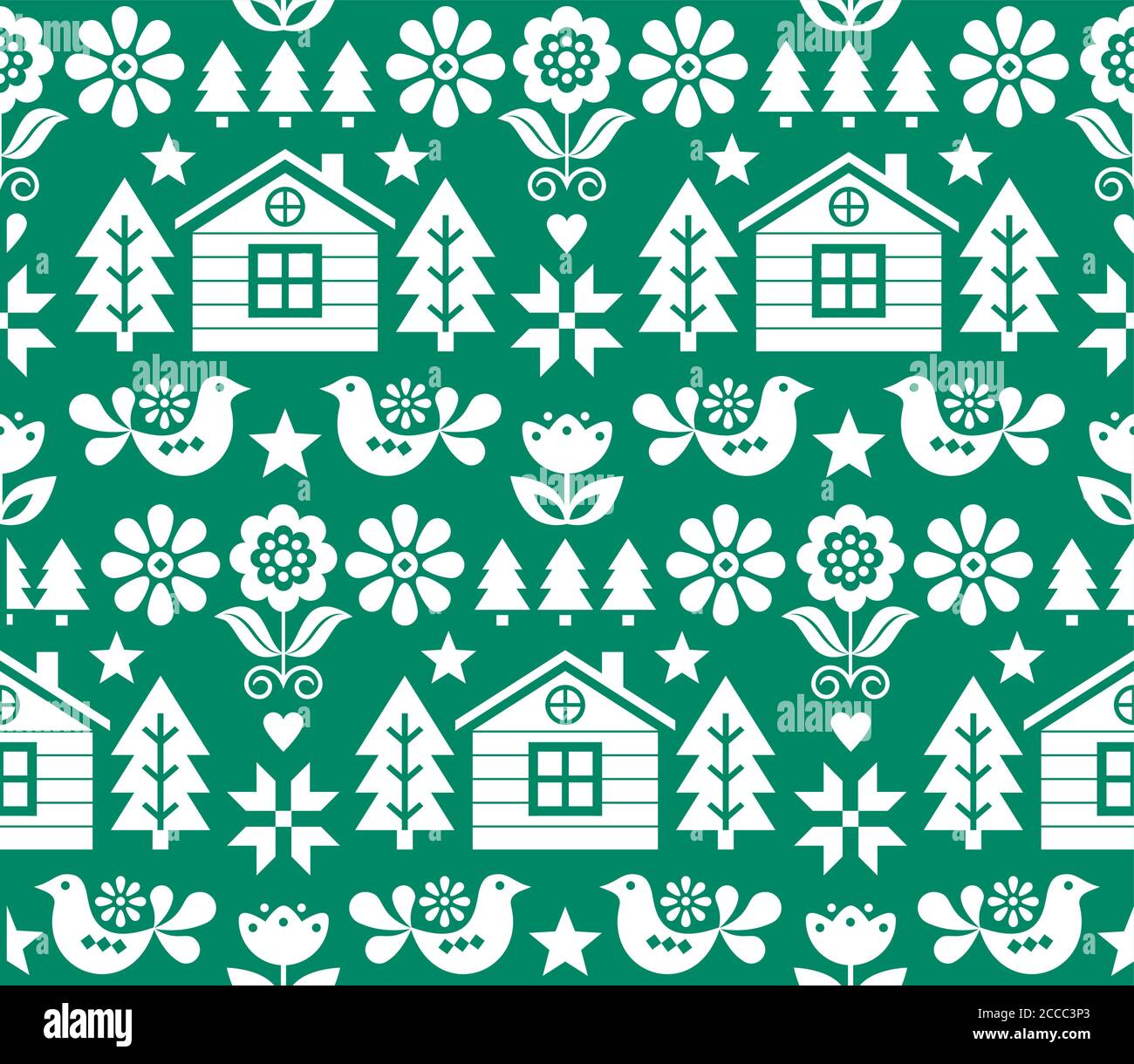 Natale vettore d'arte folcloristica scandinava modello senza giunture in bianco su verde con alberi di Natale, uccelli, fiori e casa finlandese Illustrazione Vettoriale