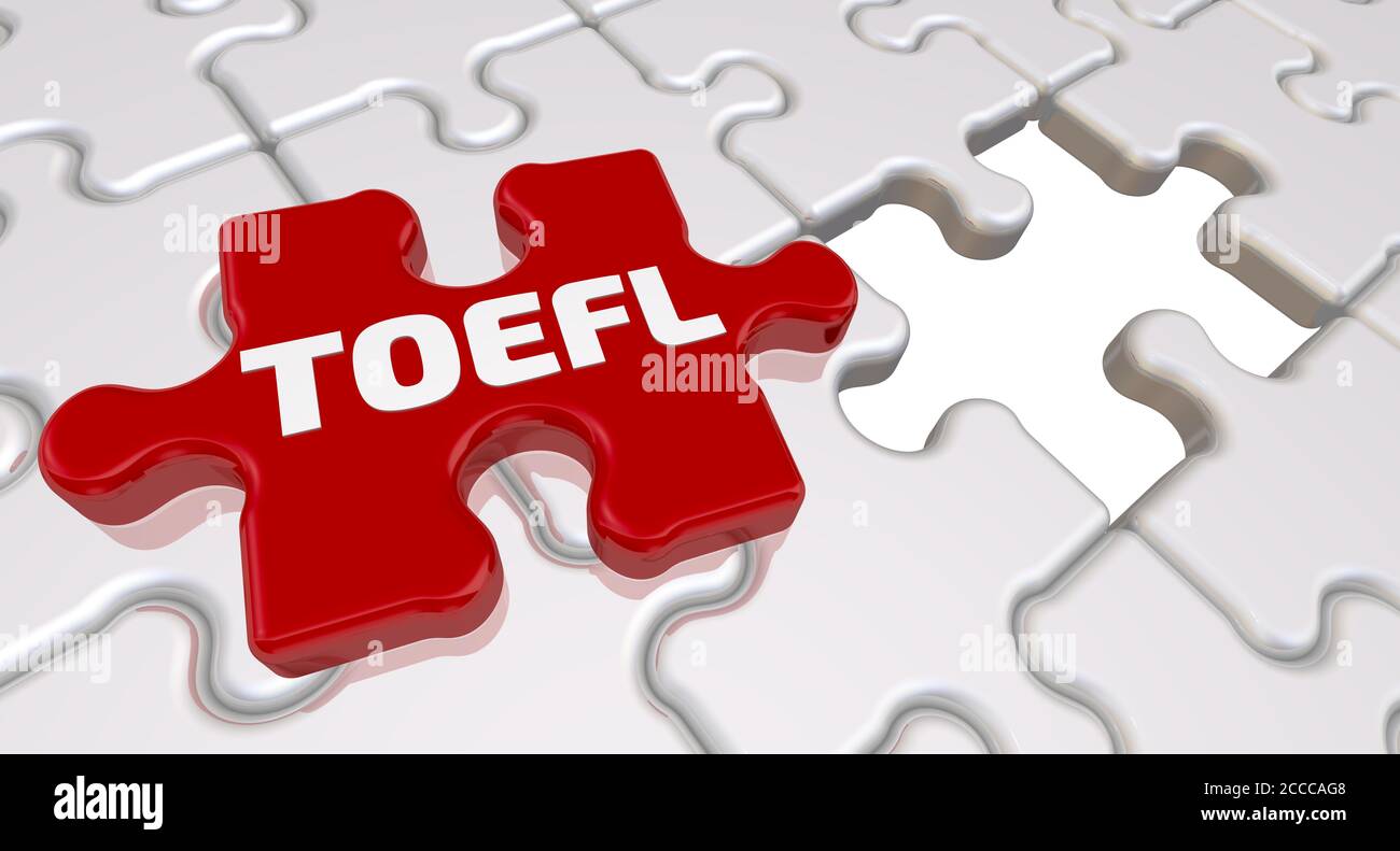 TOEFL. L'iscrizione sull'elemento mancante del puzzle. Elementi puzzle bianchi piegati e uno rosso con la parola TOEFL. Illustrazione 3D Foto Stock