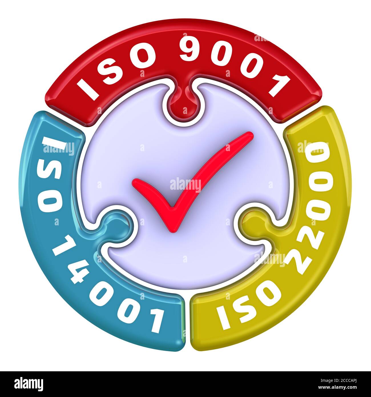 ISO 9001, ISO 14001, ISO 22000. Il segno di spunta. L'iscrizione ISO 9001, ISO 14001, ISO 22000 sul puzzle a forma di cerchio. Illustrazione 3D Foto Stock