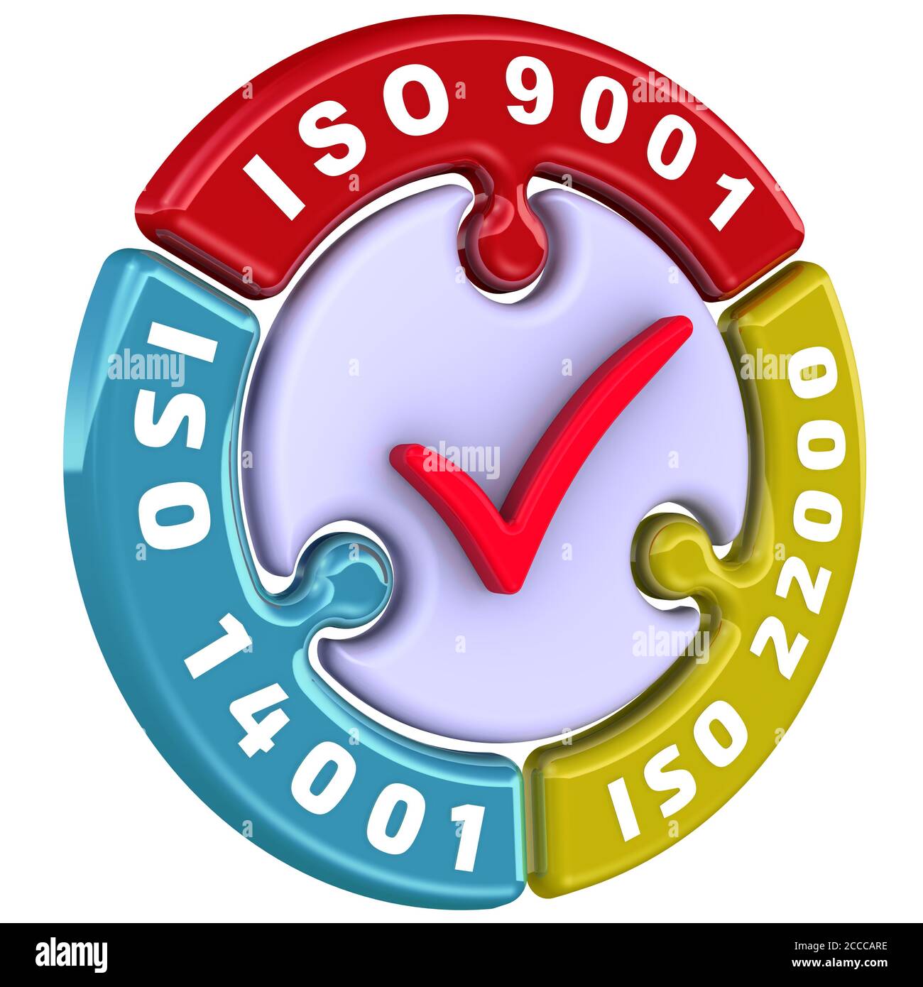 ISO 9001, ISO 14001, ISO 22000. Il segno di spunta. L'iscrizione ISO 9001, ISO 14001, ISO 22000 sul puzzle a forma di cerchio. Illustrazione 3D Foto Stock
