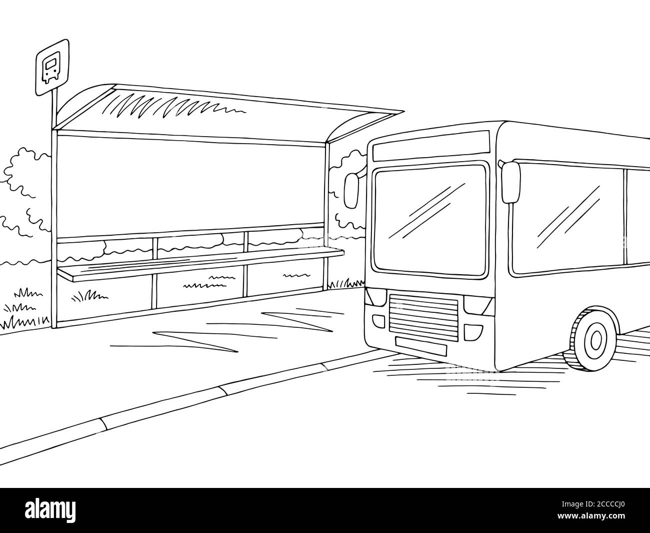 Immagine dello schizzo della strada panoramica della città bianca nera della fermata dell'autobus vettore Illustrazione Vettoriale