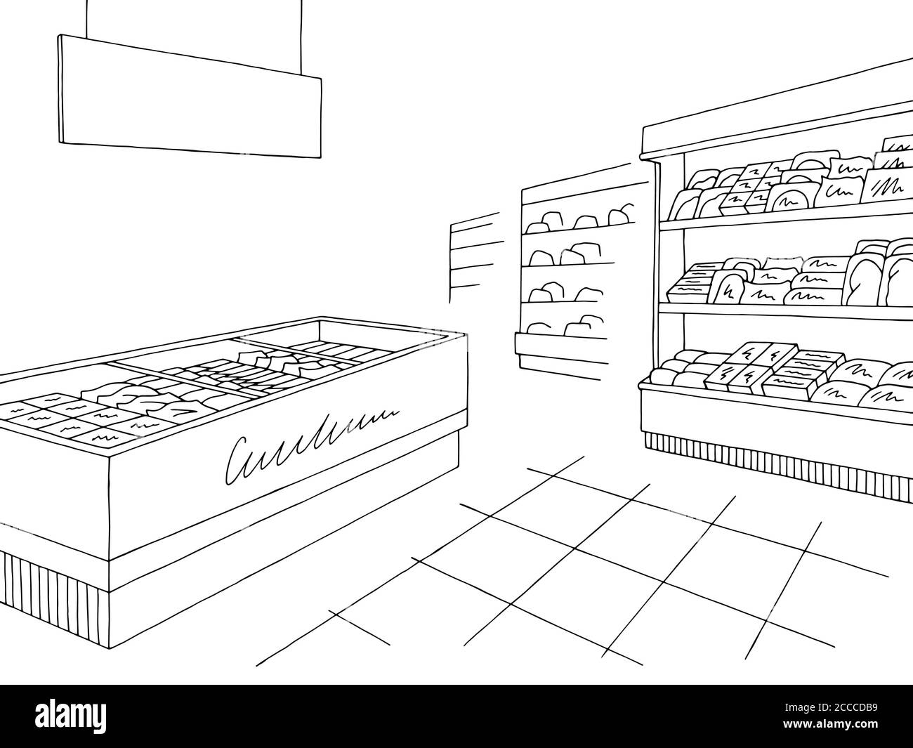 Negozio di alimentari interni nero bianco grafico disegno vettore illustrazione Illustrazione Vettoriale