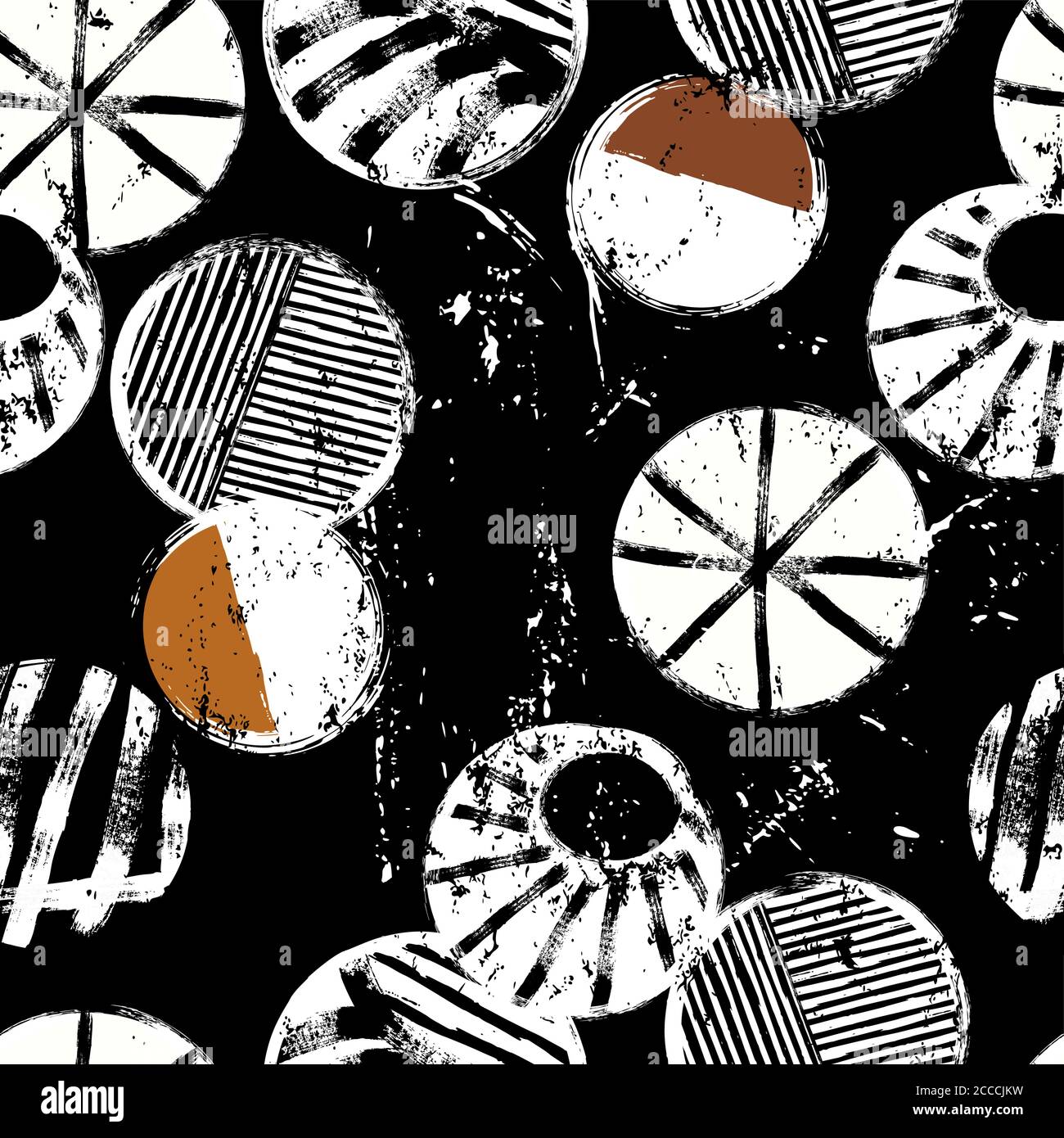 motivo di sfondo senza cuciture, con cerchi, strisce, tratti di vernice e schizzi, su nero Illustrazione Vettoriale