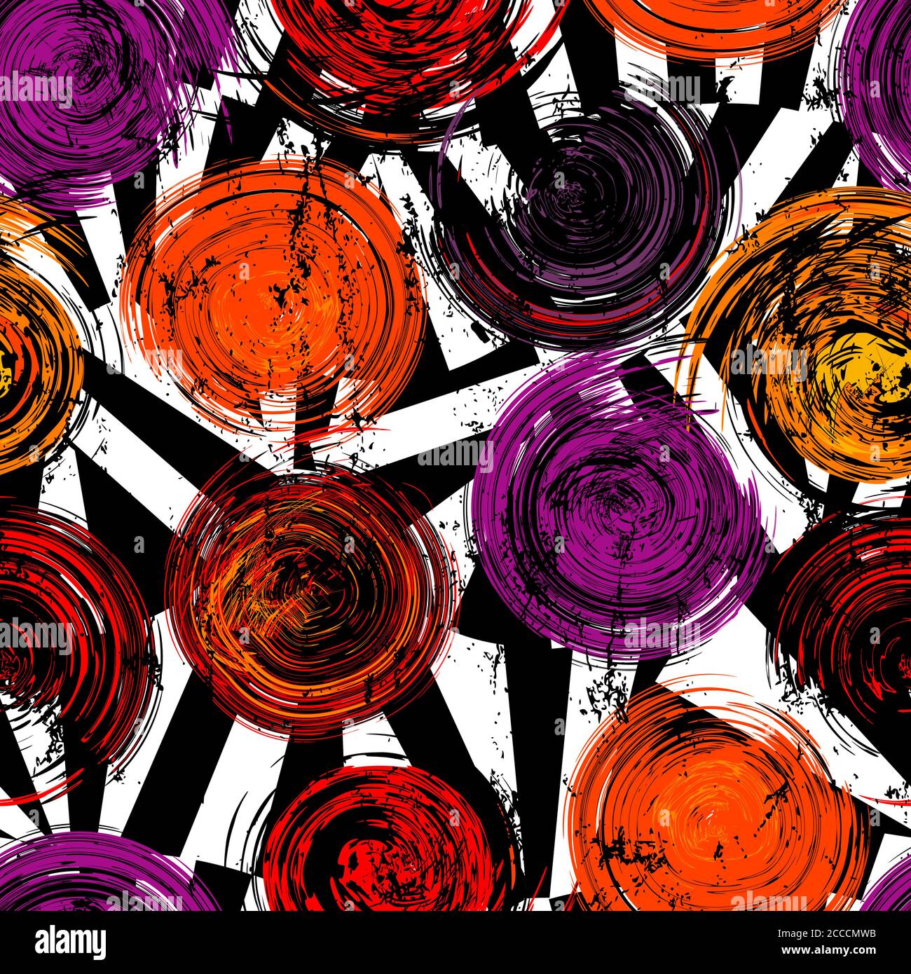 motivo di sfondo senza cuciture, con cerchi, tratti e schizzi, su bianco e nero Illustrazione Vettoriale
