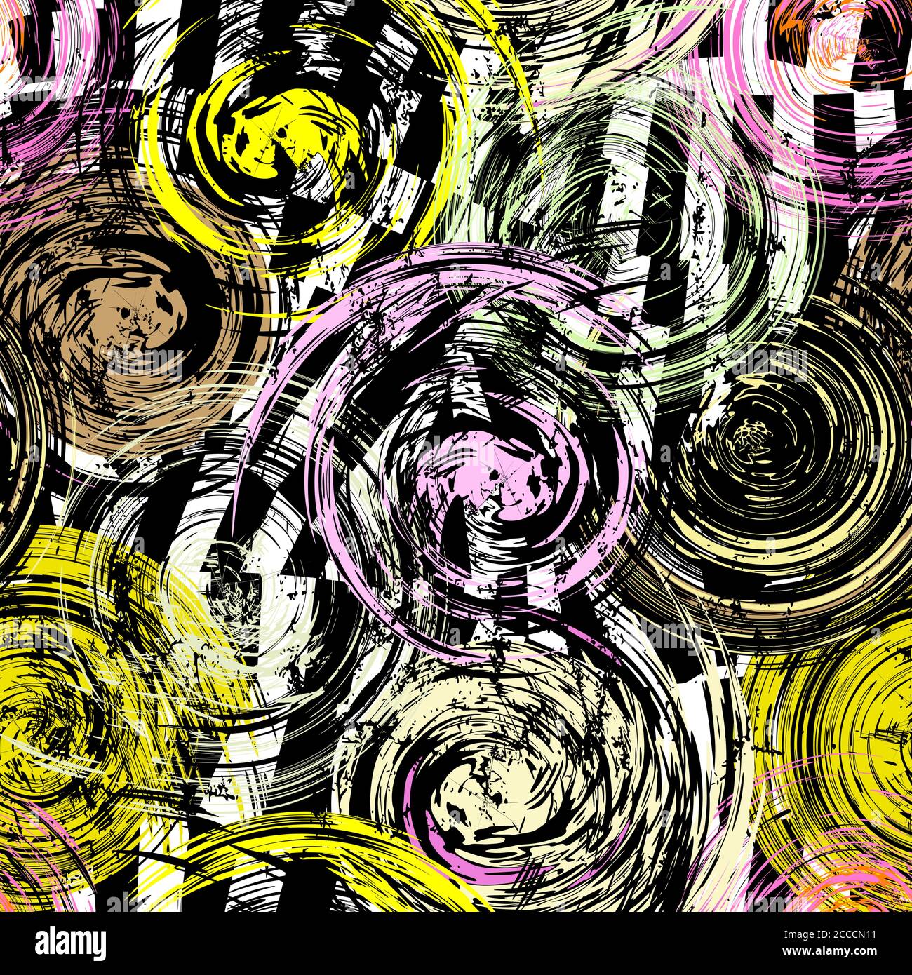 motivo di sfondo senza cuciture, con cerchi, tratti e schizzi, su bianco e nero Illustrazione Vettoriale