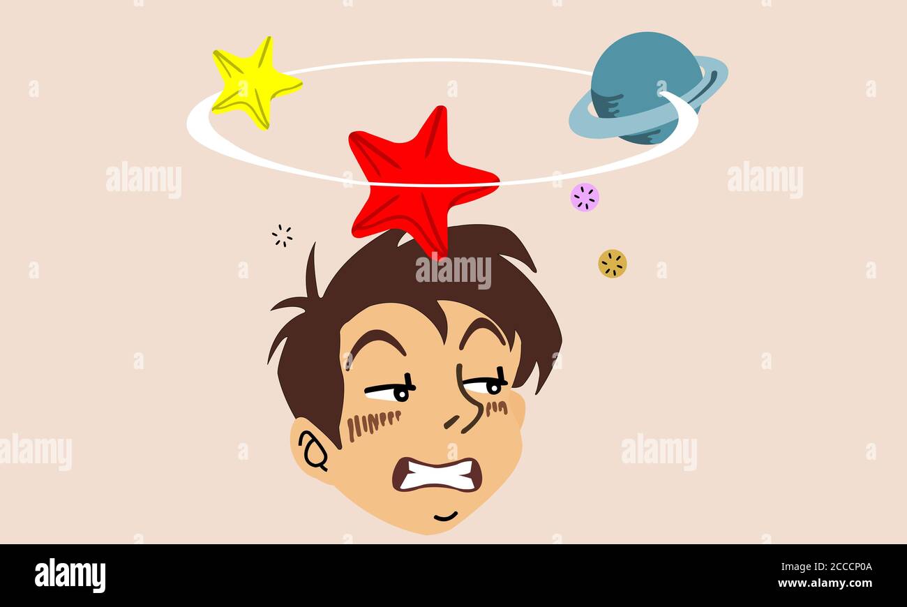 Capogiro, vedendo le stelle che si innalzano sopra la testa. Il volto mostra stupore. Stelle che girano sulla testa. Foto Stock