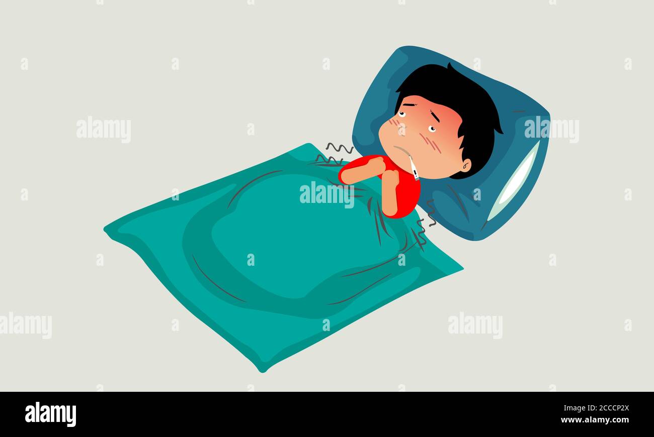 Il bambino dorme con cuscini e coperte. Febbre, tremore, misurazione della  temperatura. Corpo caldo, viso pallido Foto stock - Alamy