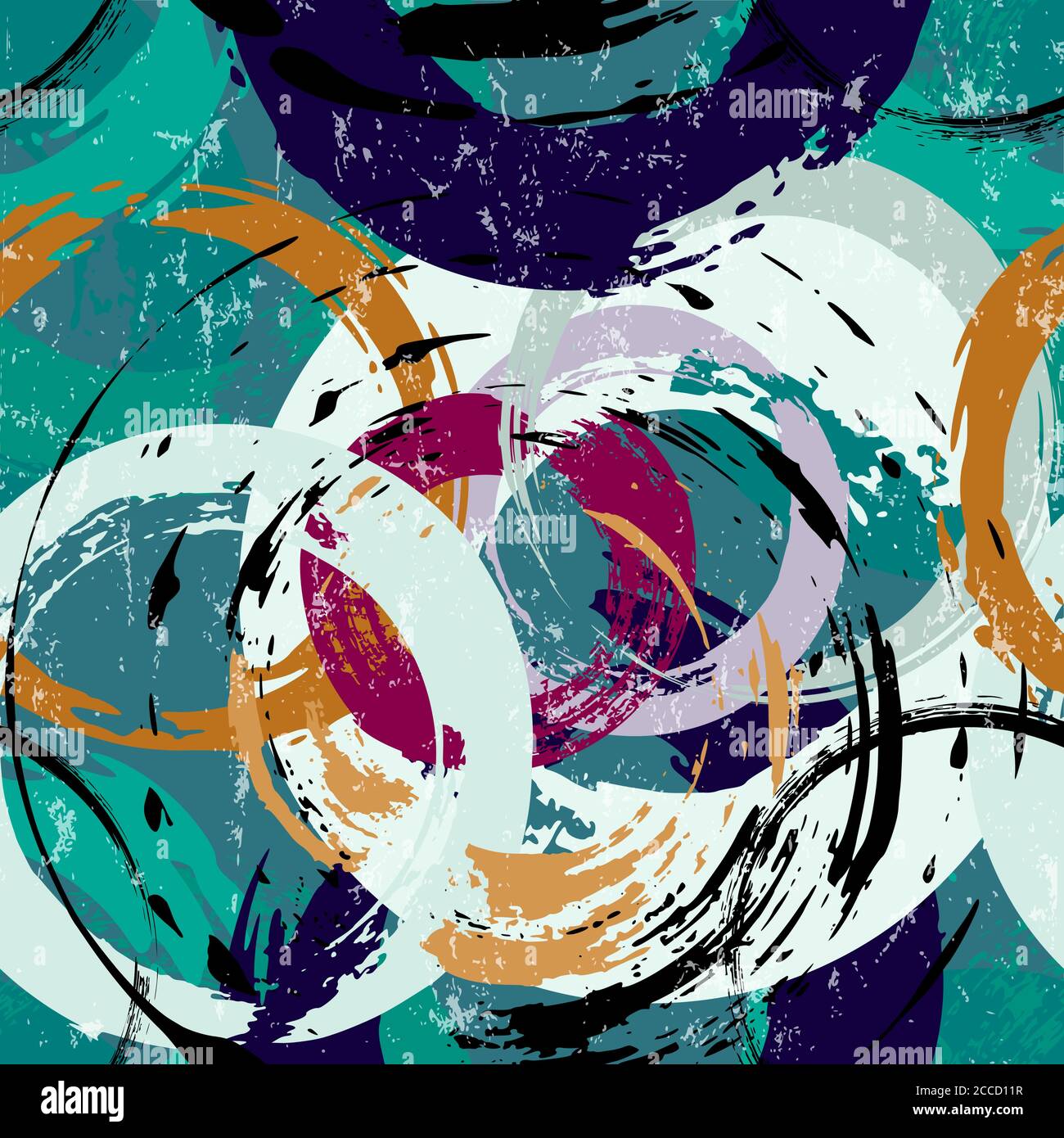 motivo di sfondo senza cuciture, con cerchi, tratti di vernice e schizzi Illustrazione Vettoriale