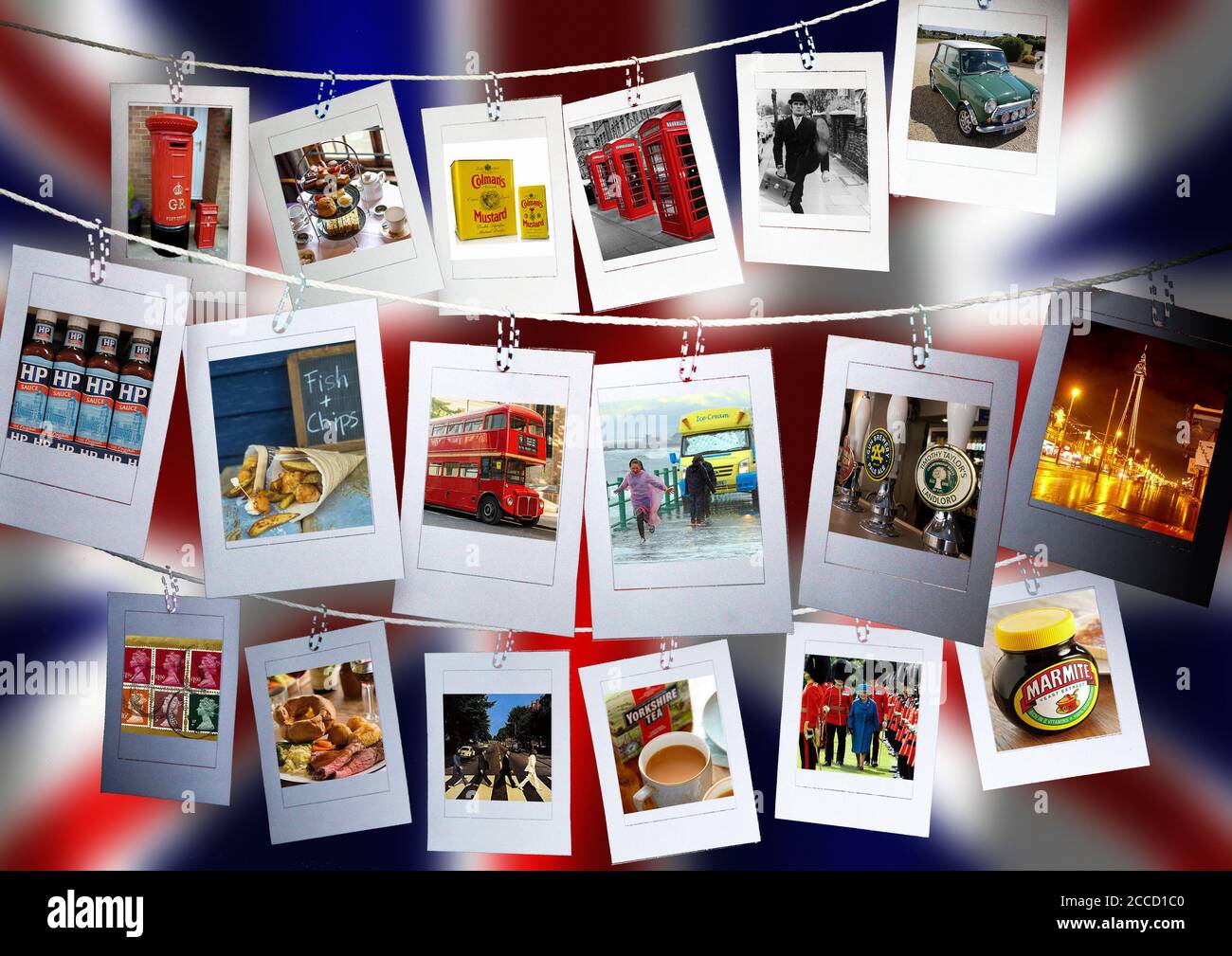 18 immagini che mostrano ciò che deve essere inglese con un Union Jack sullo sfondo. Foto Stock