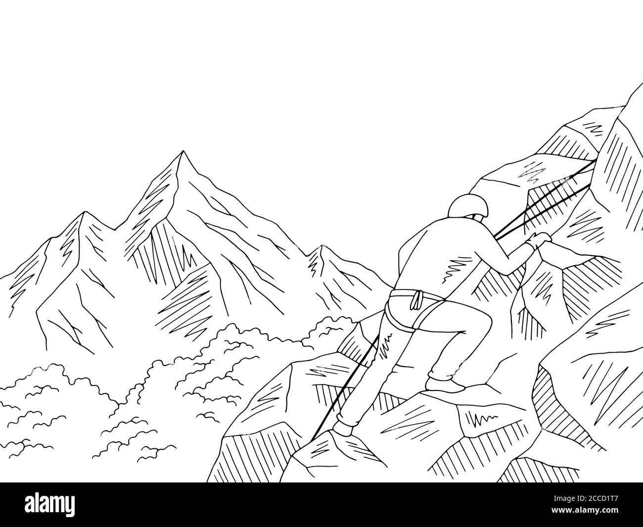 Alpinista arrampicata una scogliera montagna grafica nero bianco paesaggio schizzo vettore di illustrazione Illustrazione Vettoriale