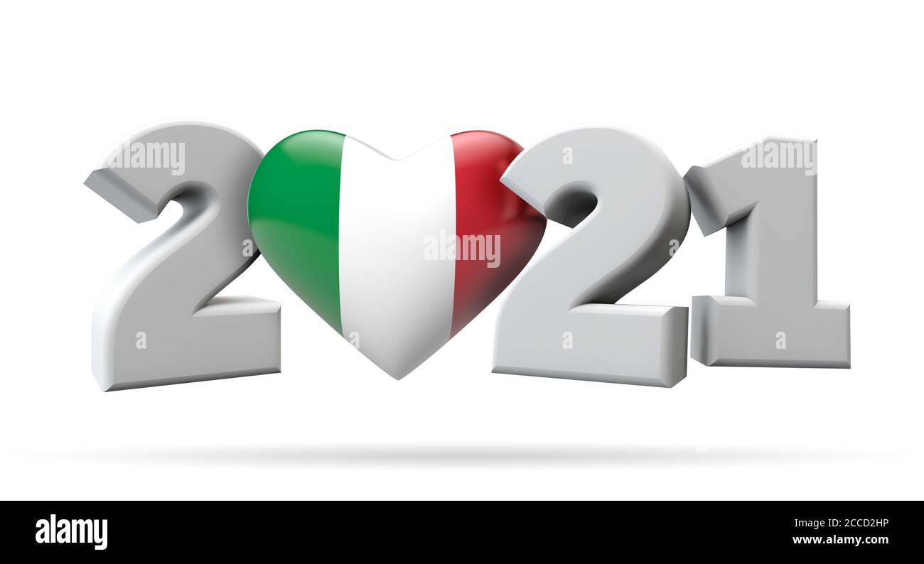 Nuovo anno 2021 con Italia bandiera cuore. Rendering 3D Foto Stock
